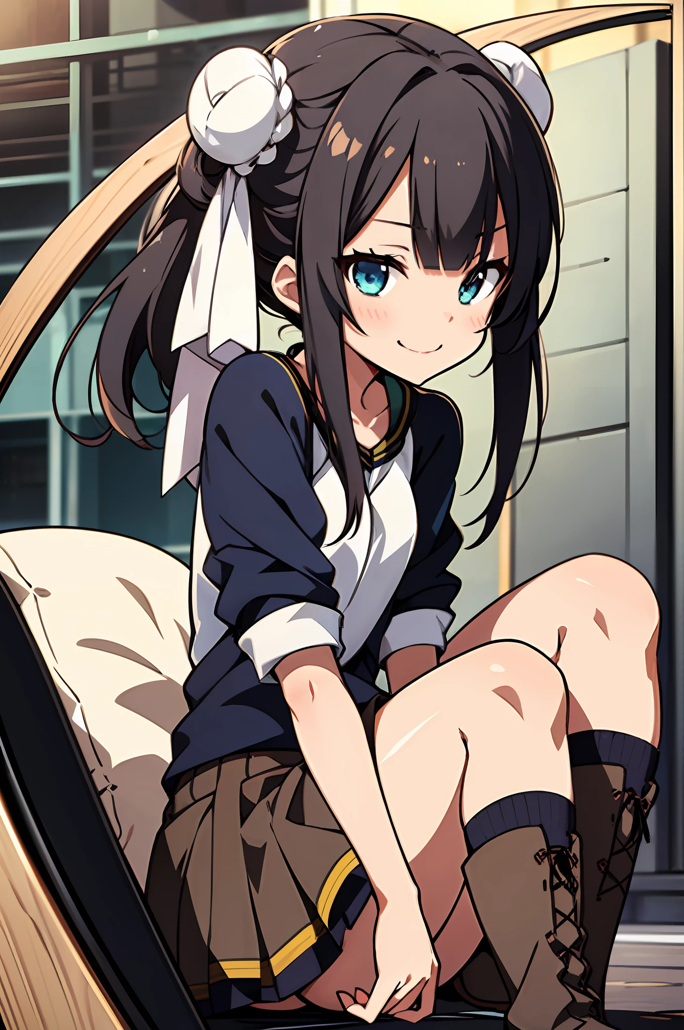 Masterpiece, Best Quality, Ultra Detail, 8k_wallpaper, (Beautiful Eyes), (Cute)), Cute, (Lovely), (Erotic),Anime Moe Art Style,Casual Clothing,Barely Short Skirt,Long Hair,Straight Hair,(((Absolute Area))))), Knee Socks, Short Boots, Adult Women, Smile, Crisp Bangs, ,Gal,Bun Hair