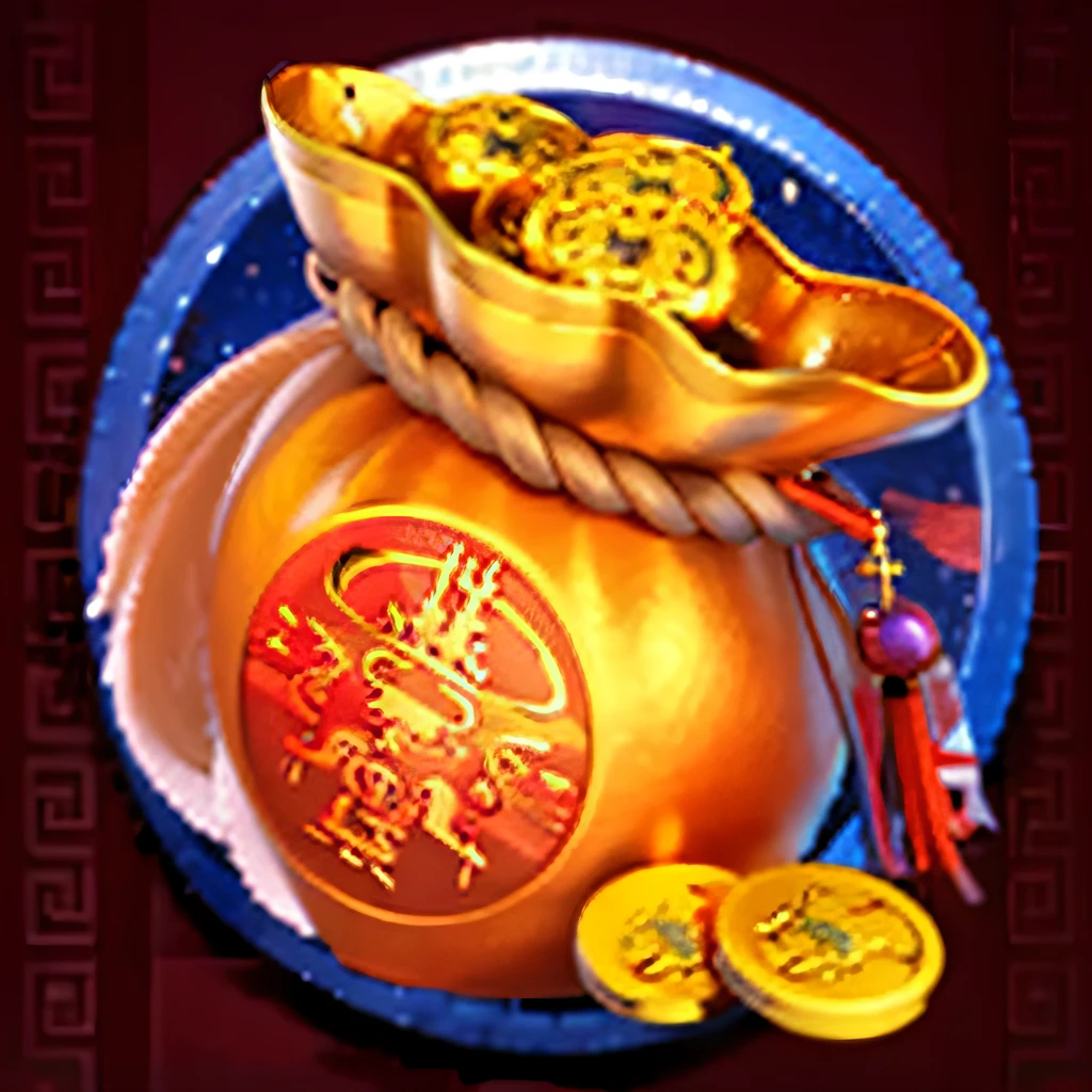 Brilliant Color, Chinese Lucky Bag, 3D, Unreal Engine 5, 16K, Ultra High Definition, Detail, Vivid, Food Bag and Coin, Wealth, Prosperity, Bian Lian, Avatar Image, Suimo Hua, Gold Coin, Dynasty, Treasure, Nanquan, Gold, Zmonzheng, Hou China, Game Icon, Treasure, Treasure, Treasure Store, Gold and Treasure, Loong, Hua Cheng, Seal of Fortune