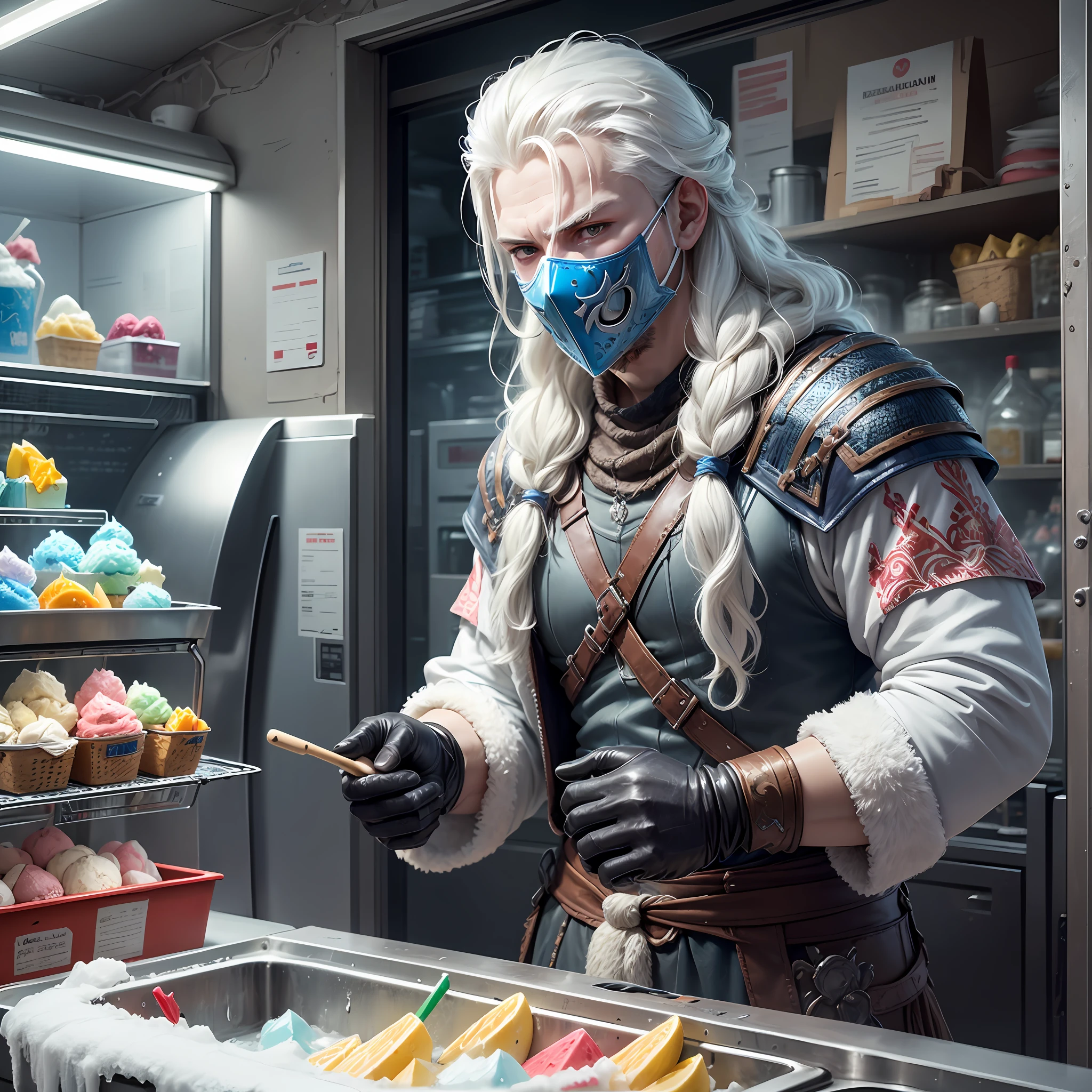a weird frozen man ((wearing a mask )) , ( blue frosted viking outfit ) selling popsicles and icecream, frosted skin, ( very pale skin ) , white long hair, freezer, ( cold, cold atmosphere , ice ) --auto --s2