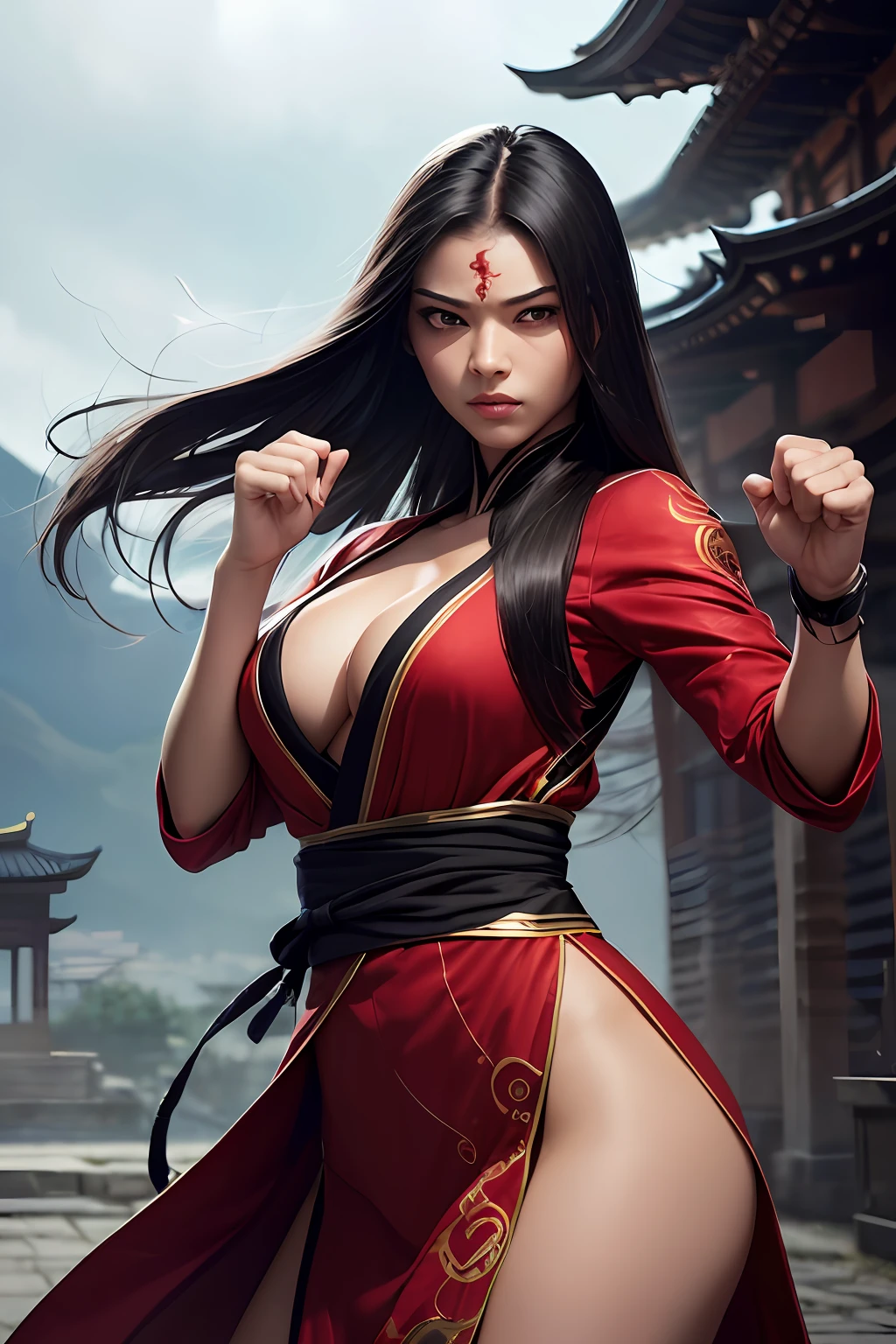 high quality fingers, normal hands, detailed fingers, masterpiece, (realistic, photo-realistic: 1.37), realistic, 1girl, long hair:1.5, black hair:1.2, red eyes:1.5, bright eyes, mortal kombat, ninja, blood, scar, weapons, kimono, dress, mortal kombat suit, large breasts, fighting pose, serene look, temple, meditation, injuries, ninja mask, cover half face, eyes to the sky