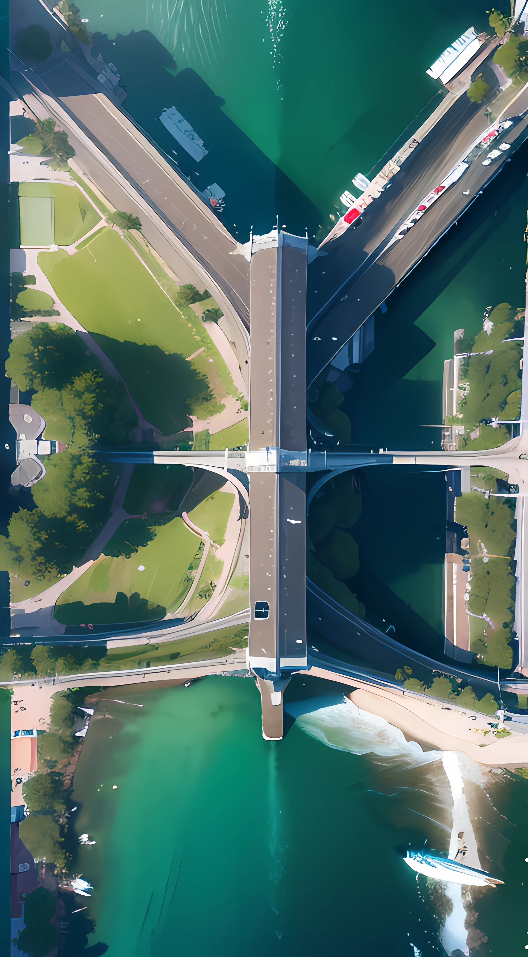 arafed view of a bridge over a body of water with boats, boats in the water, seen from above, overhead shot, shot from above, view from above on seascape, by Sebastian Spreng, shot from a drone, perspective shot from the sky, drone photography, top - down photograph, viewed from above, 4k drone photography, overhead view