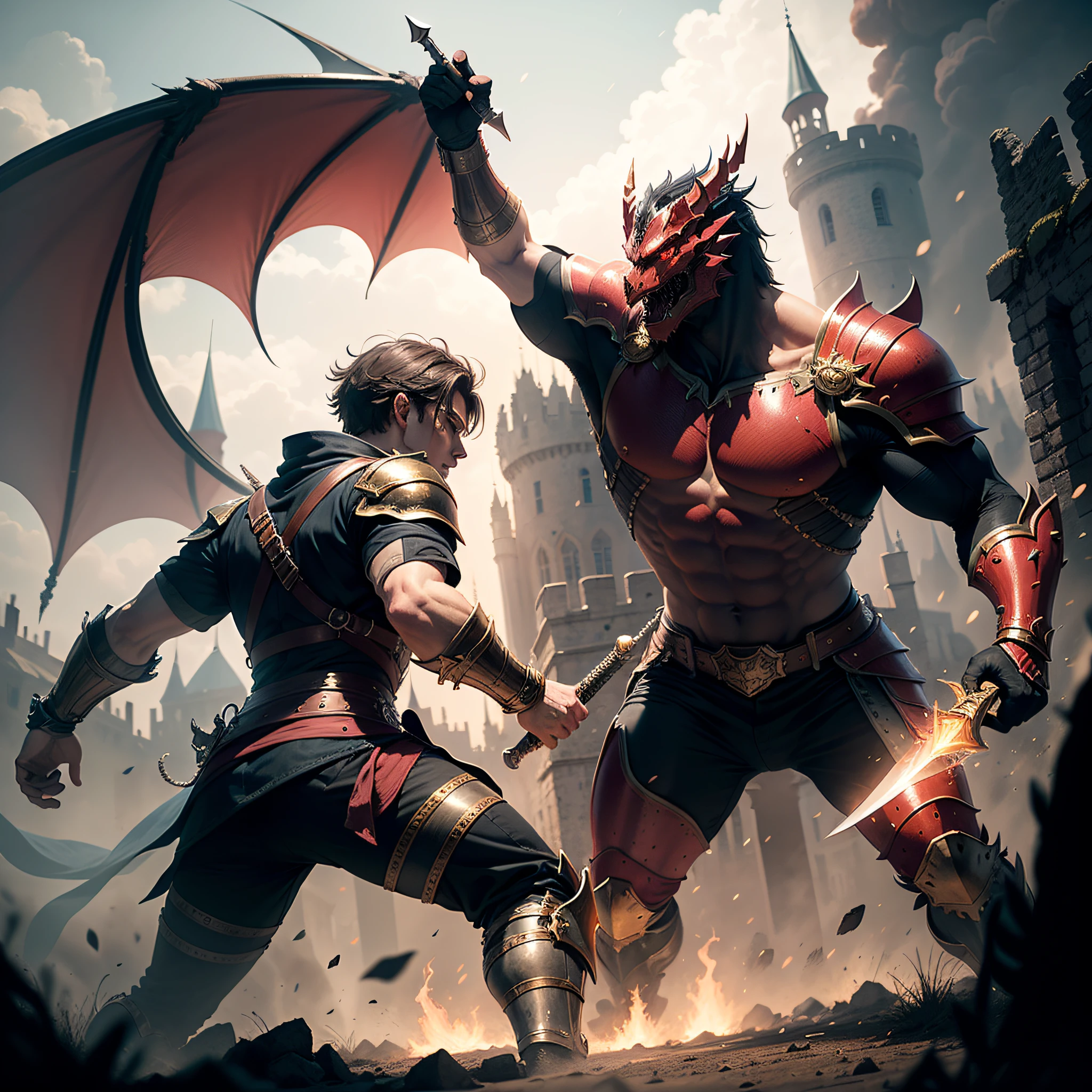 The fate of the kingdom In the chaotic setting of a burning castle, a legendary warrior emerges, a shining golden armor. With his sword and shield in hand, he faces a red dragon in a decisive confrontation. The scene evokes a mixture of heroism and tragedy, capturing the fate of the kingdom at stake.