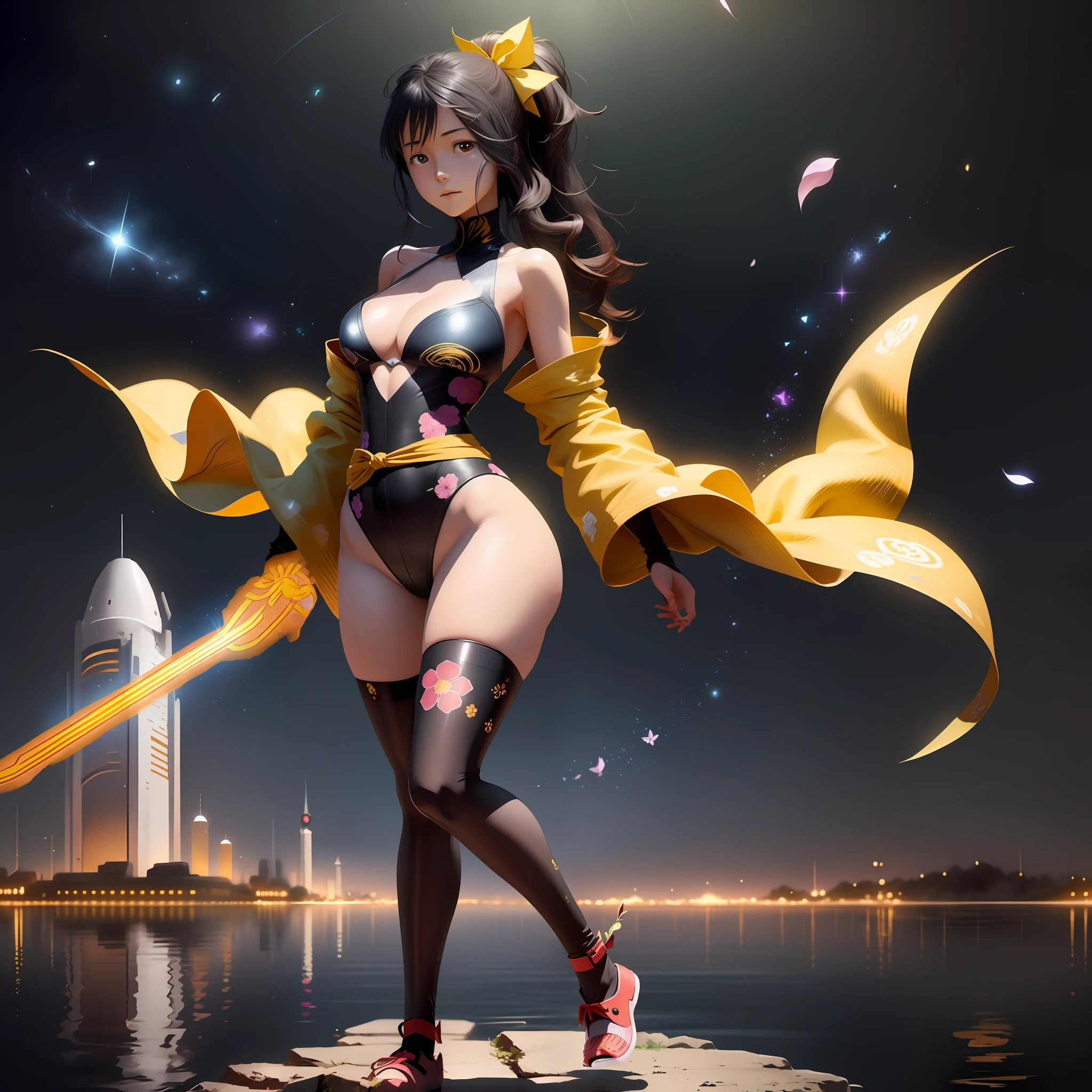 Bright petals of homura flowers flying around