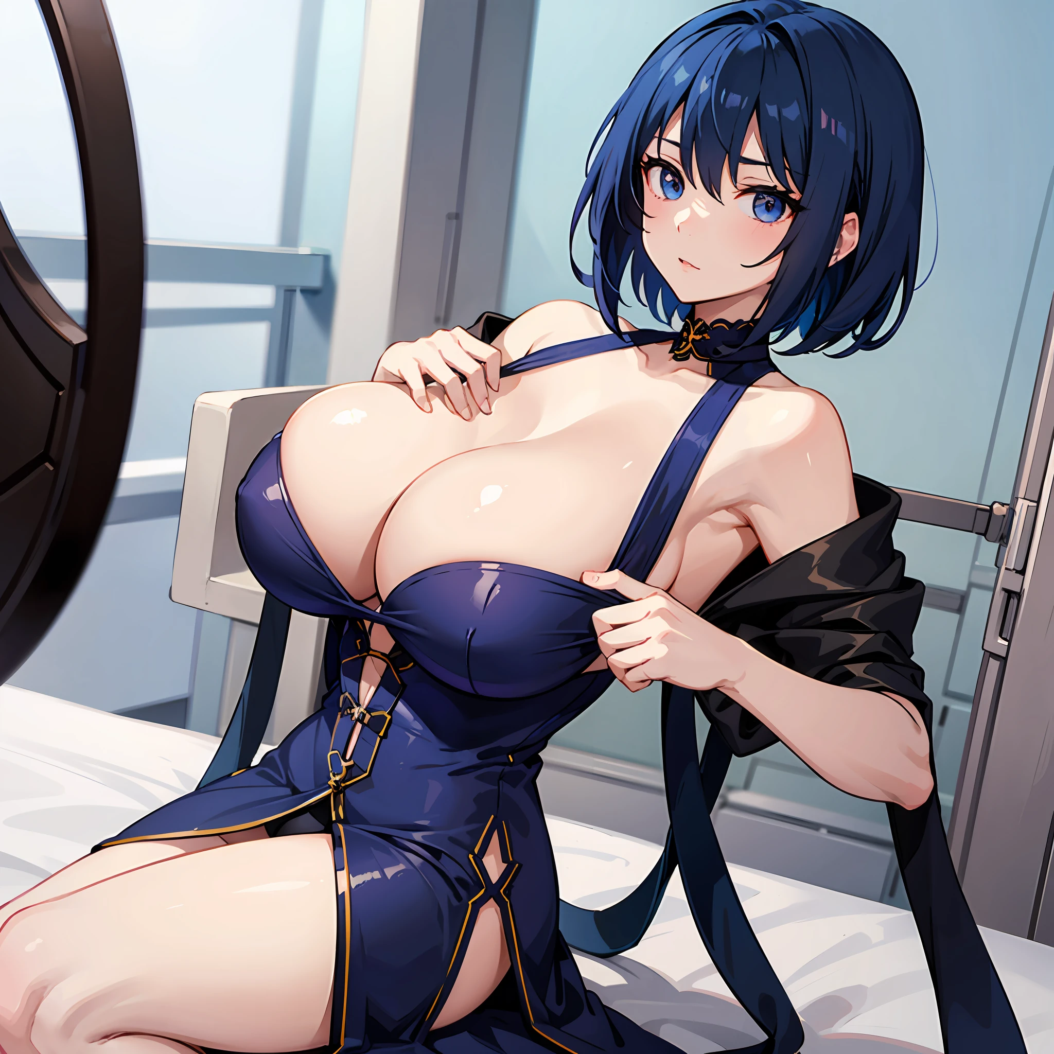 Very sexy anime girl with huge breasts, short hair, blue hair, focus on chest