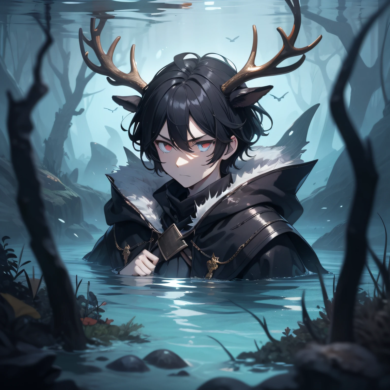 boy, pale, pale boy, deer chires, deer antlers, antlers, serious countenance, expression of sorrow, black clothes, a black cloak, a king's cloak, a shadow cloak, black hair, black hair. water, submerged place, under water, bottom of abyssal abyss, abyssal fish, dark, dark place.