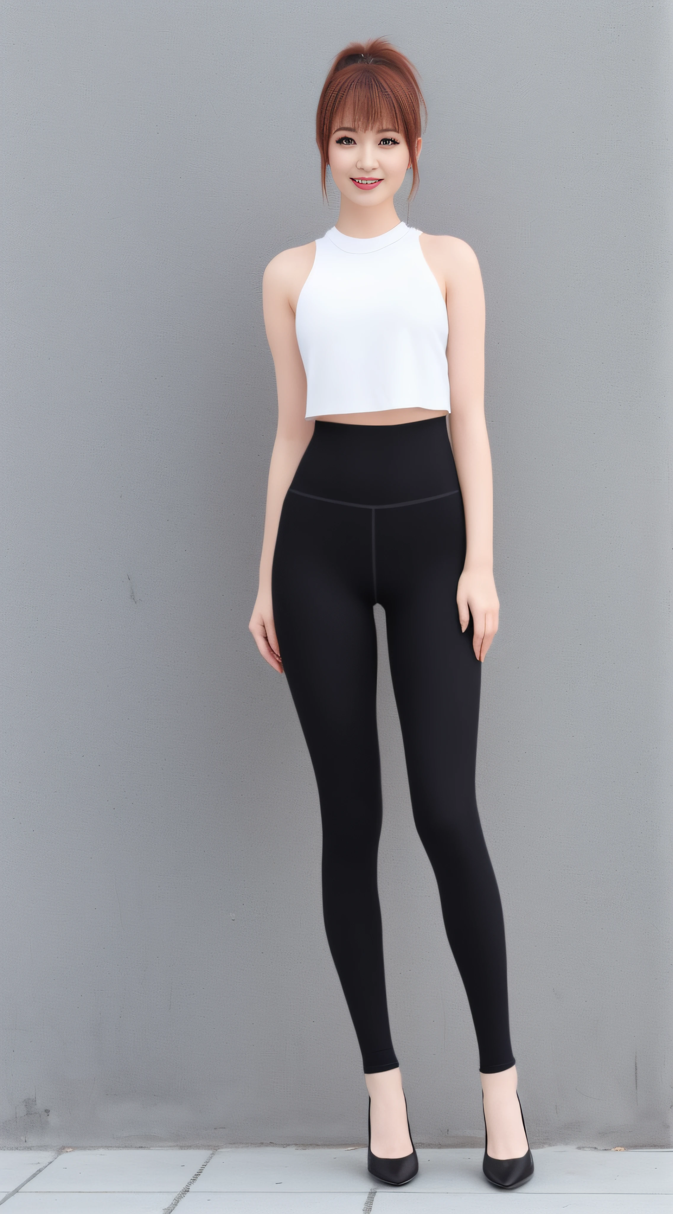 (:1.2), Solo, Red Ponytail, Yellow Eyes, Smile, Sexy, White Mesh Leggings ((Masterpiece)), (High Quality), (Best Quality), (detailed), HD, Perfect Lighting, Detailed Face, Detailed Body, Mesh, (Same character, front), (Full body: 1.6), Best Quality, Ultra High Resolution, Blurred background, Country, Outdoor, (Bokeh: 1.1), Skyline, (Reality: 1.4), Looking at the viewer, golden proportions, broad shoulders, narrow waist, Double eyelids, High heels, (standing: 1.3), facing viewer, full body photo (FLS), arms at sides, thigh gap, single, vanishing point