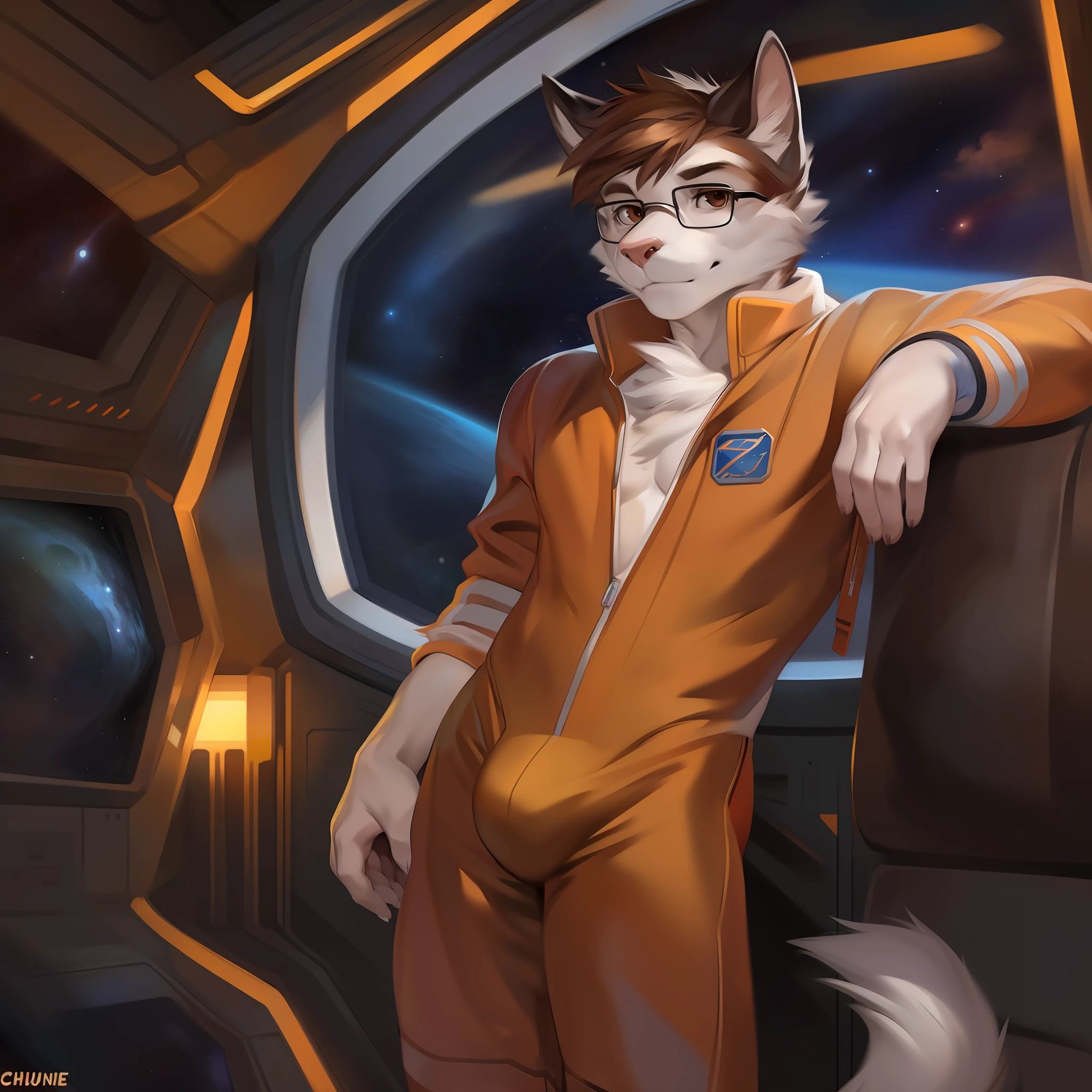 Solo, male, standing, feline, white fur, short hair, snout, brown hair, brown eyes, detailed eyes, bulge, glasses, tall, orange spacesuit, space, spaceship, window, by chunie, by darkgem, by glitter trap boy