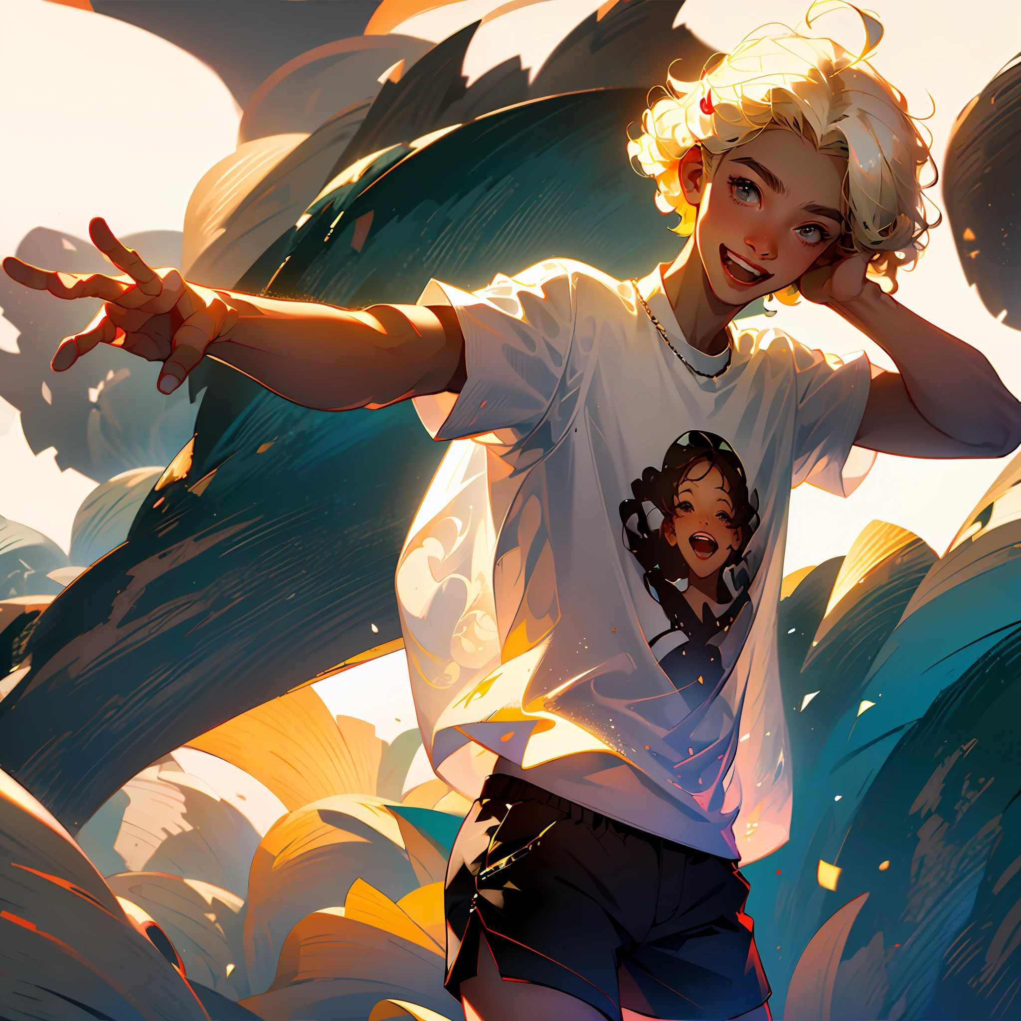 Copy prompts
((masterpiece, best quality)), (1boy), (solo), (male focus), (ahoge, blonde hair, short hair), black eyes, light smile, open mouth, ((white shirt), (wide shirt), (smiling print shirt sinples)), ((seaway shorts), (curly hair)), standing, white background, arms behind back, dynamic angle --auto