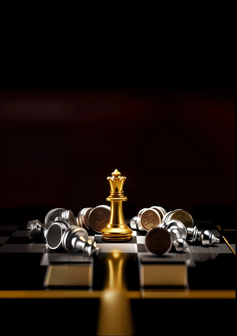 a golden chess piece on a chess board surrounded by silver chess pieces, queen chess piece, !!playing chess!!, ( queen chess piece, chess piece, chess tournament, chess, chess game, knight chess, queen chess piece photo, queen chess piece photo portrait, playing chess, chess motiffs, battle position, queens gambit, chess, tournament