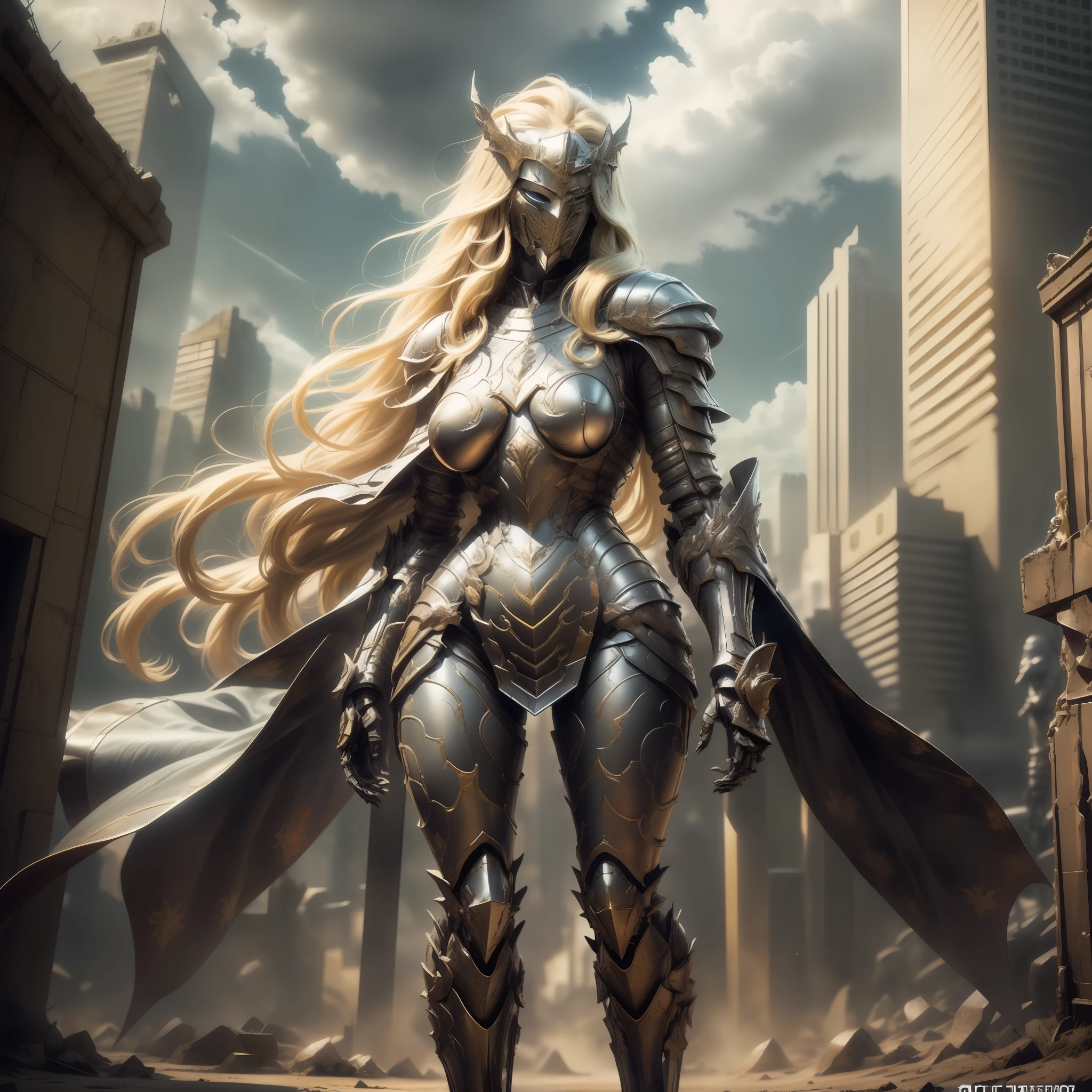 (Masterpiece, Superb Quality, Super Detailed, High Resolution), Male Focus, ((Armor Dress))), (Cloak), (((Mechanized))), (Body Details), (She Has Long Blonde Hair, Big Breasts, Slim), (Standing Pose), Pose for Photo, Top View, City Ruins, Background Details, (((Full Body))), From Above, Solo, (Sense of Greatness)