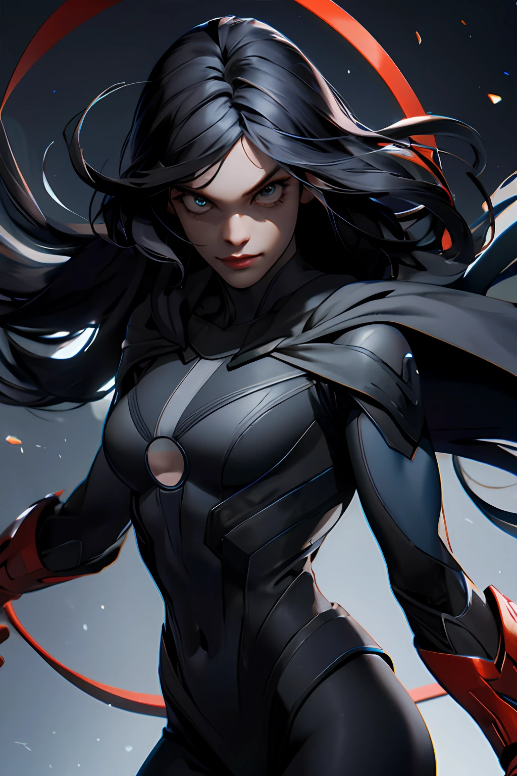 Super Heroine, black suit, using powers, UHD, solid circle eyes, anatomically correct, super detailed, 16k,