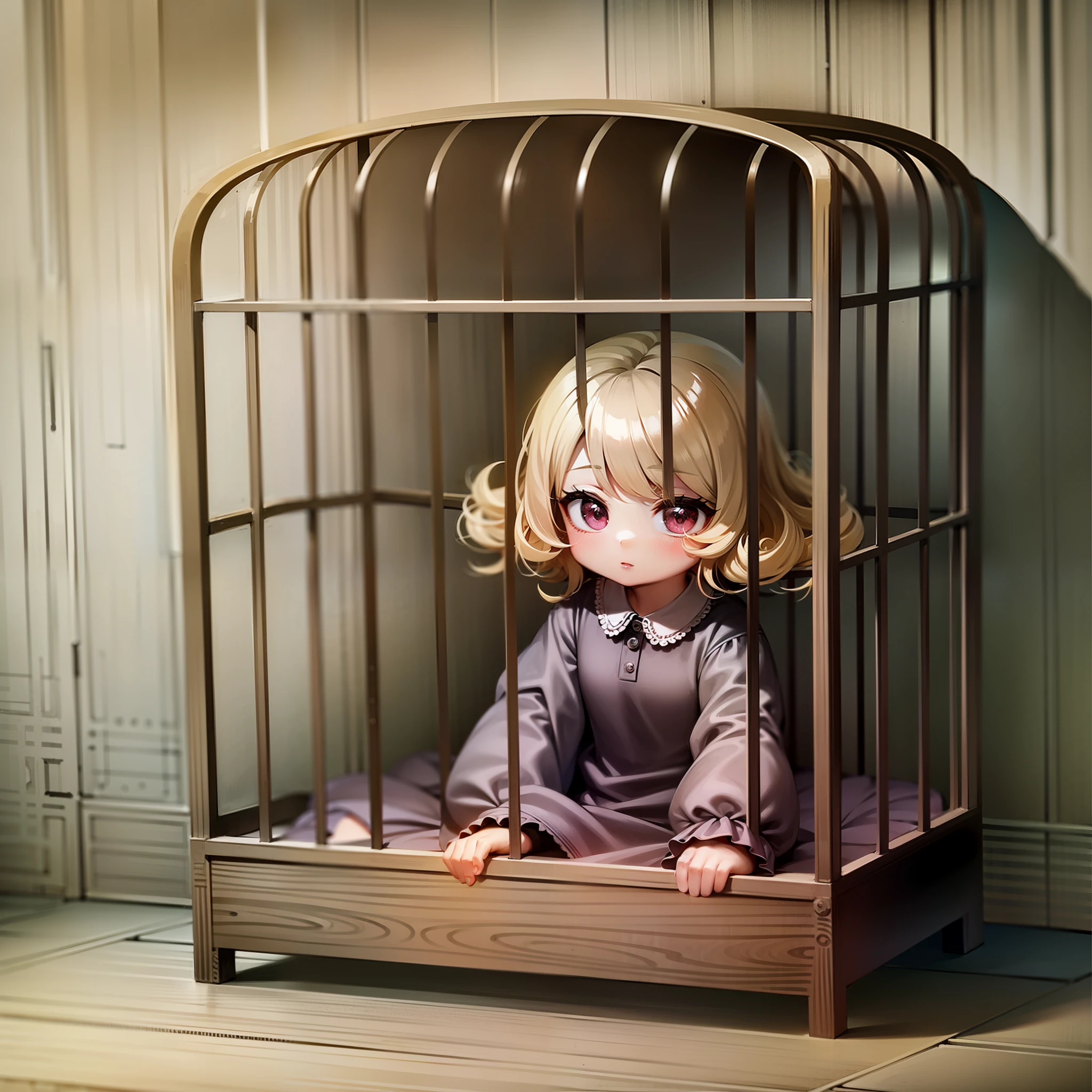 4--old,ort curly blonde, trapped in a cage, bugs by the walls, outside an evil old man