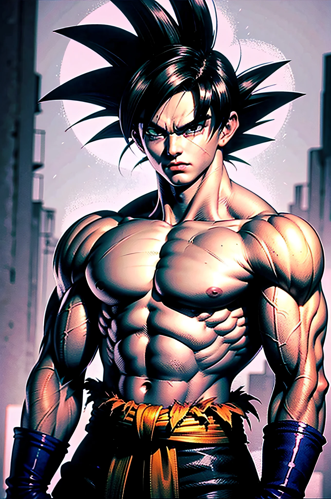 son goku, 1boy, closed mouth, male focus, muscular, muscular male, rock, sash, serious, solo, spiked hair, topless male, torn clothes, ultra instinct, black eyes, black hair, ((masterpiece)), Goku black, Zamasu style