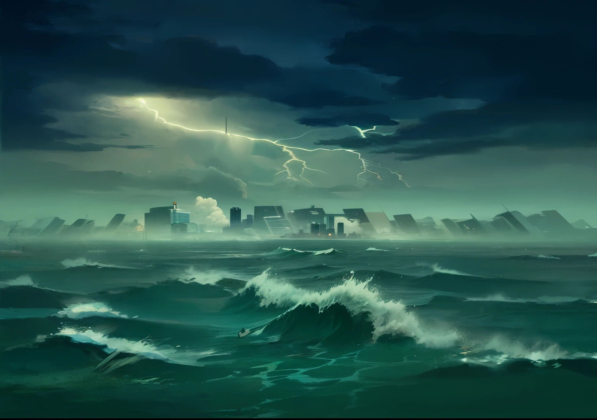 Rough seas. City in the distance