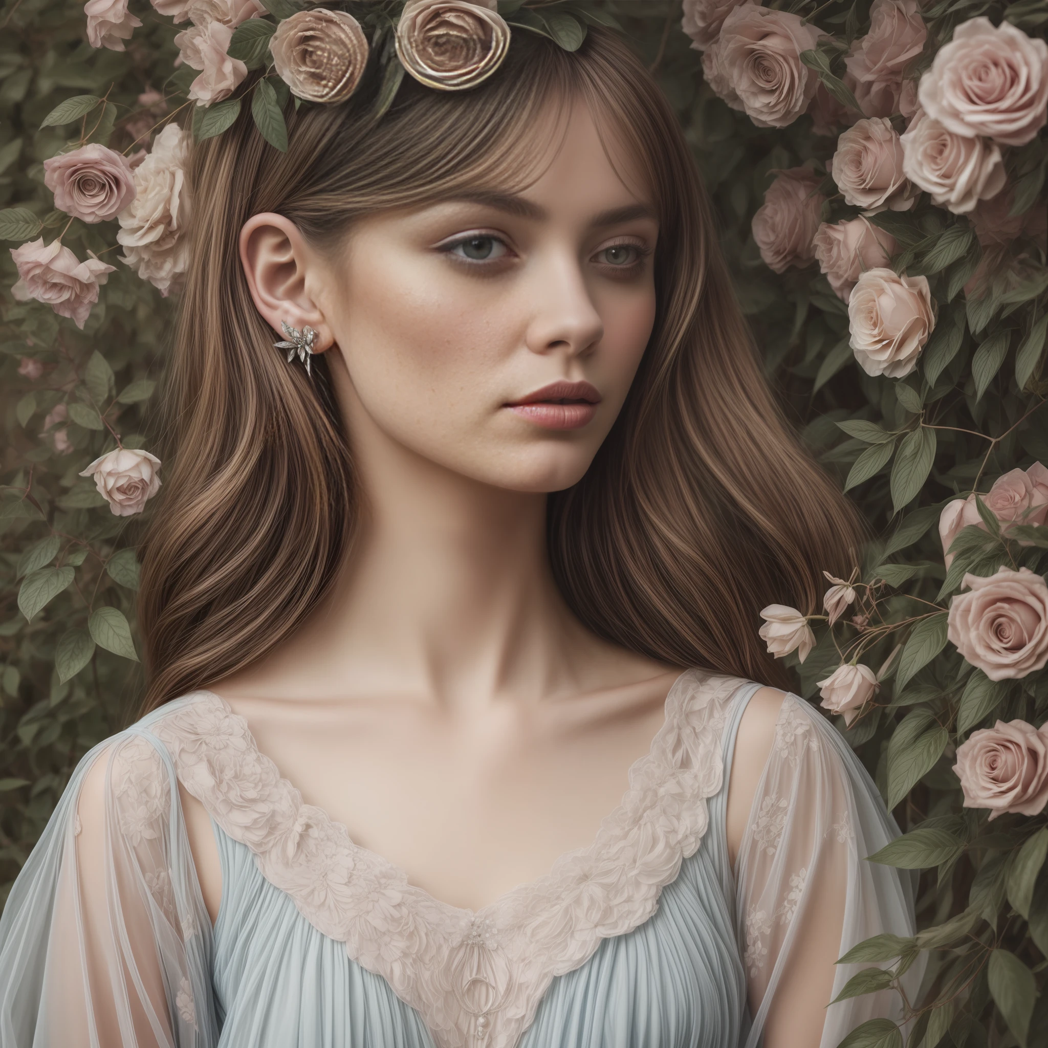 Close Closeup of a beautifully pensive professional colour drawing in a delicately blended Style of Amy Brown art Daria Petrilli and Andrea Kowch, utilising watercolor, inks, colored pencils, whimsical, a Woman walking in Nature, animal deer connections, soft muted shades, minimalist shapes, surreal trees and flowers, pointed ears, Photographed by David bailey using Hasselblad’s flagship mirrorless medium format camera X2D 100C. 1000mps ,bold vibrant colours