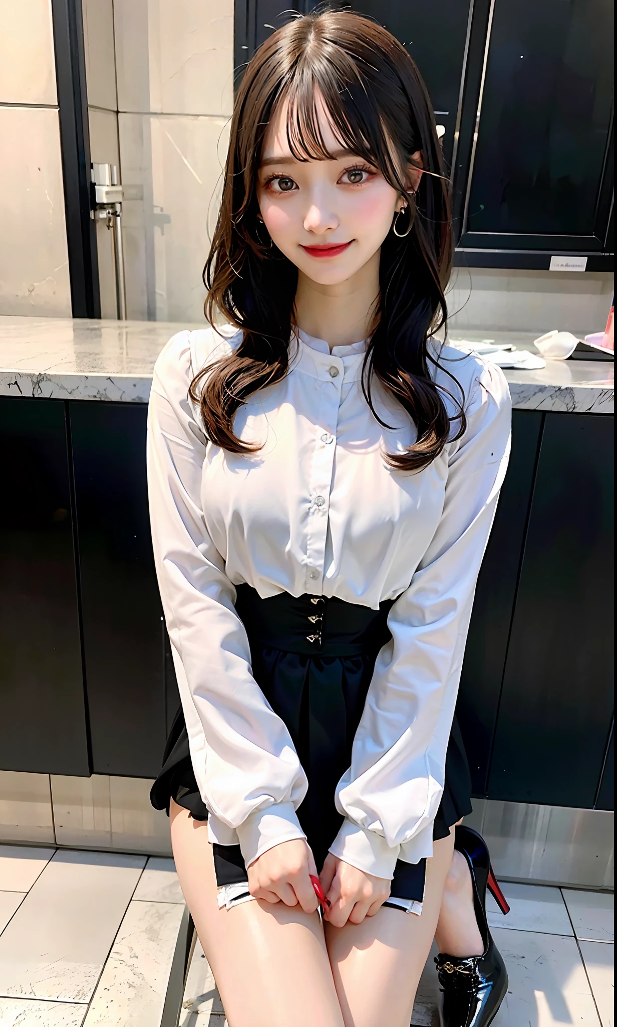 (Nipples visible through white shirt)、no panty、full body portrait、delicate、A masterpie、beautiful detail、colourful、Fine details、, detail、, detail、big chest、1 female、(20 year old beautiful Korean woman:1.1)、(KPOP Idol、Korean Mix)、(50mm Sigma f/1.4 ZEISS Lenses、F1.4、1/800s、ISO 100、photos:1.1)、(ponie tail+dark black hair:1.2) Realistic:1.4)、(spy:1.2)、(open jacket、skirts、necktie、black pantyhose、Christian Louboutin\ (brand\)、:1.3)、ear ring、necklace、armlet、(tavern:1.2)、(beautiful feet、tall women、Skinny、Slim Leg、Thigh gap、The model:1.2)、Lens flare、Happy Smile from the front:1.1)、Dynamic Pose、(makeup:1.2)、Sitting on a bar stool