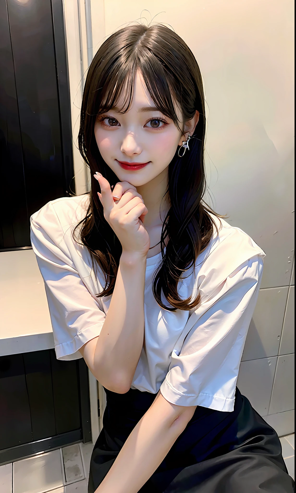 (Nipples visible through white shirt)、no panty、full body portrait、delicate、A masterpie、beautiful detail、colourful、Fine details、, detail、, detail、big chest、1 female、(20 year old beautiful Korean woman:1.1)、(KPOP Idol、Korean Mix)、(50mm Sigma f/1.4 ZEISS Lenses、F1.4、1/800s、ISO 100、photos:1.1)、(ponie tail+dark black hair:1.2) Realistic:1.4)、(spy:1.2)、(open jacket、skirts、necktie、black pantyhose、Christian Louboutin\ (brand\)、:1.3)、ear ring、necklace、armlet、(tavern:1.2)、(beautiful feet、tall women、Skinny、Slim Leg、Thigh gap、The model:1.2)、Lens flare、Happy Smile from the front:1.1)、Dynamic Pose、(makeup:1.2)、Sitting on a bar stool