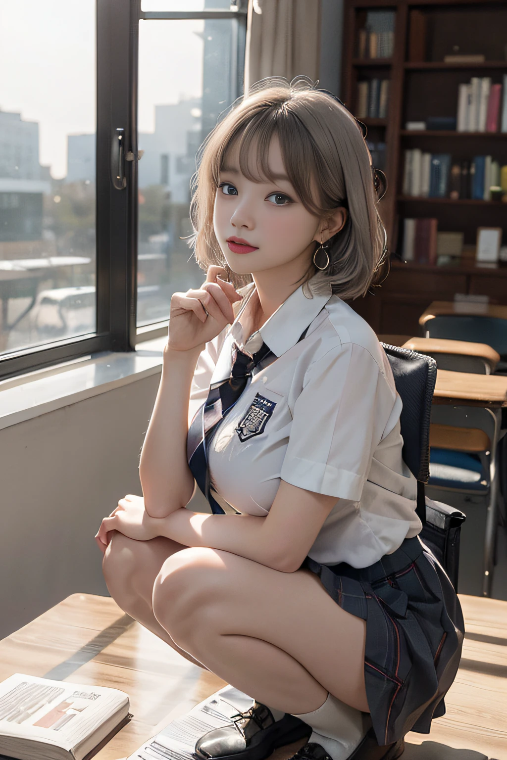 Best image quality, RAW photo, super high resolution, taken from the side, gentle smile,  Korean, very big breasts, tie, ribbon, school uniform, collared shirt, school uniform shirt, plaid skirt, fair skin, shiny white skin, short bob, bright silver hair, bright gray hair, neatly aligned bangs, beautiful eyes, beautiful eyes of random colors, very thin lips, beautiful eyes with details, Elongated eyes, pale pink blush, long eyelashes, beautiful double eyelids, eyeshadow, earrings, night school, dimly lit library at night, library desk, squatting on desk, squatting