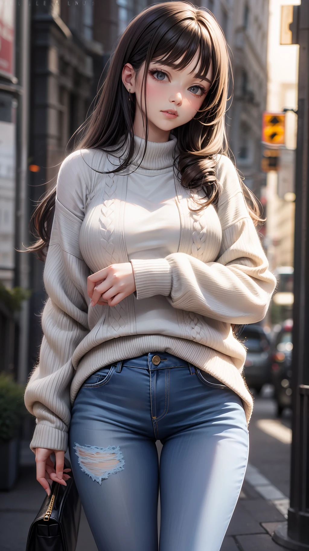 a beautiful girl, long hair, white long sleeve sweater, blue jeans