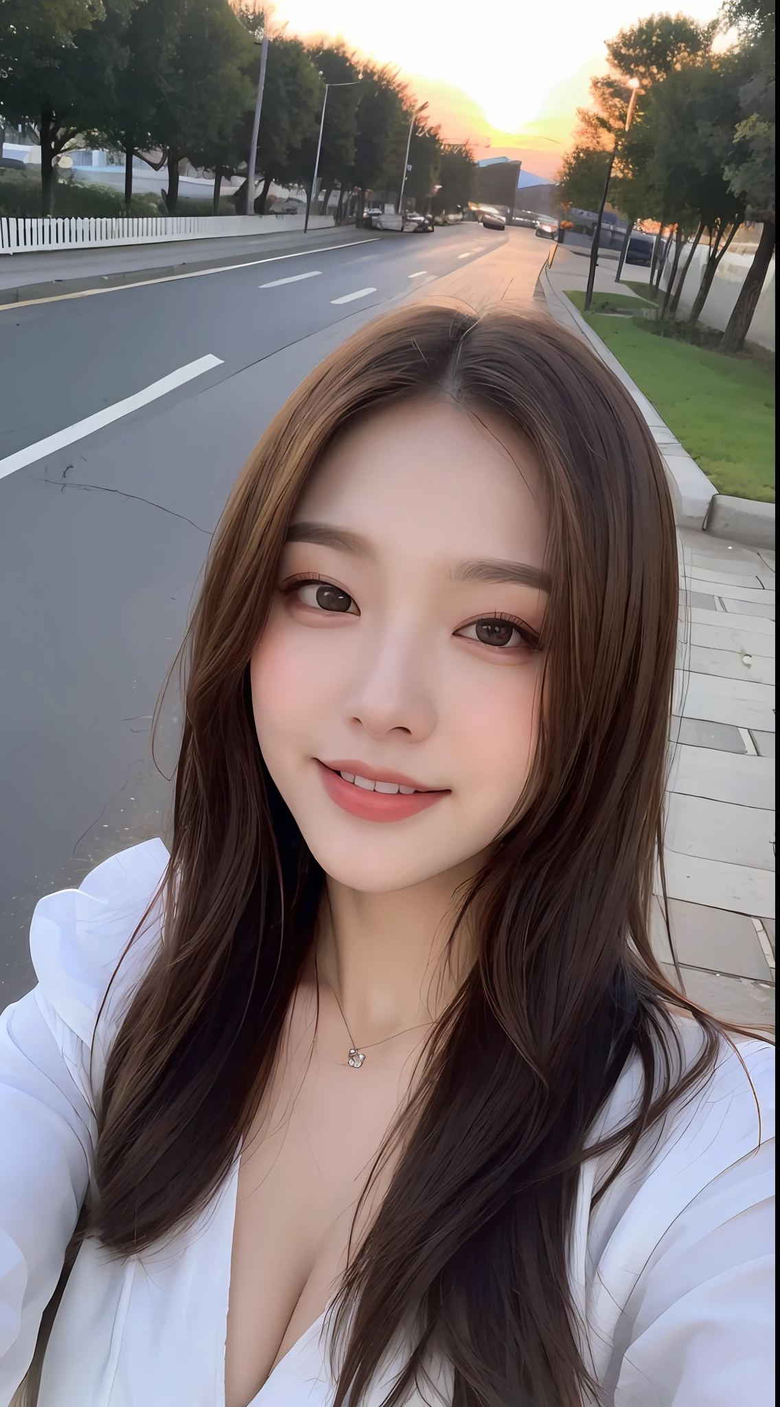((Top Quality, 8K, Masterpiece: 1.3)), Focus: 1.2, Perfect Beauty: 1.4, Butt: 1.2, ((Layered Hairstyle, Breasts: 1.2)), (Wet Clothes: 1.1), (Sunset, Street: 1.3), Halfway Dress: 1.1, Highly Detailed Face and Skin Texture, Narrow Eyes, Double Eyelids, Whitening Skin, Long Hair, (Shut Up: 1.3), Smile, Beauty Unreal
