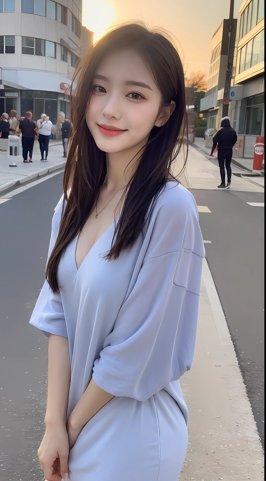 ((Top Quality, 8K, Masterpiece: 1.3)), Focus: 1.2, Perfect Beauty: 1.4, Butt: 1.2, ((Layered Hairstyle, Breasts: 1.2)), (Wet Clothes: 1.1), (Sunset, Street: 1.3), Halfway Dress: 1.1, Highly Detailed Face and Skin Texture, Narrow Eyes, Double Eyelids, Whitening Skin, Long Hair, (Shut Up: 1.3), Smile, Beauty Unreal