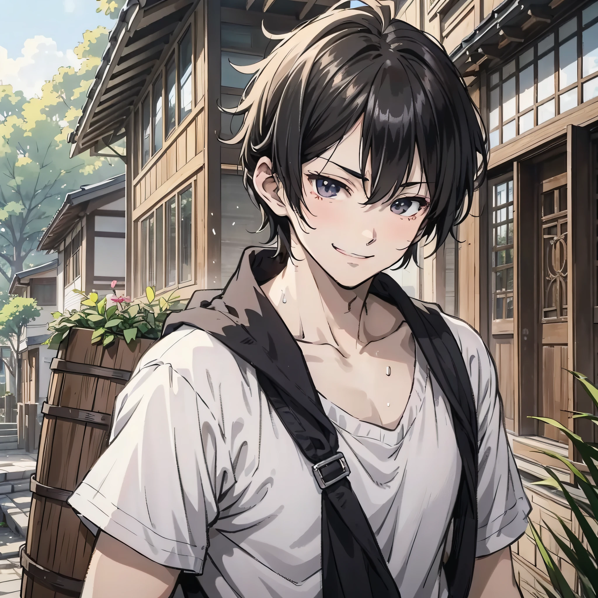 A young anime guy about 30 years old with short black hair and a white shirt stands in the yard in front of the house, carrying a bamboo basket with a plant behind him, holding a sickle in his hand (smile expression 1.3) (walking action 1.5) (sweat 1.5) (background yard in front of the house 1.5) anime style 4 K, anime rendering, anime style. 8k, handsome anime face (upper body display 1.5) (handsome boy 1.3) (cinematic light 1.5)