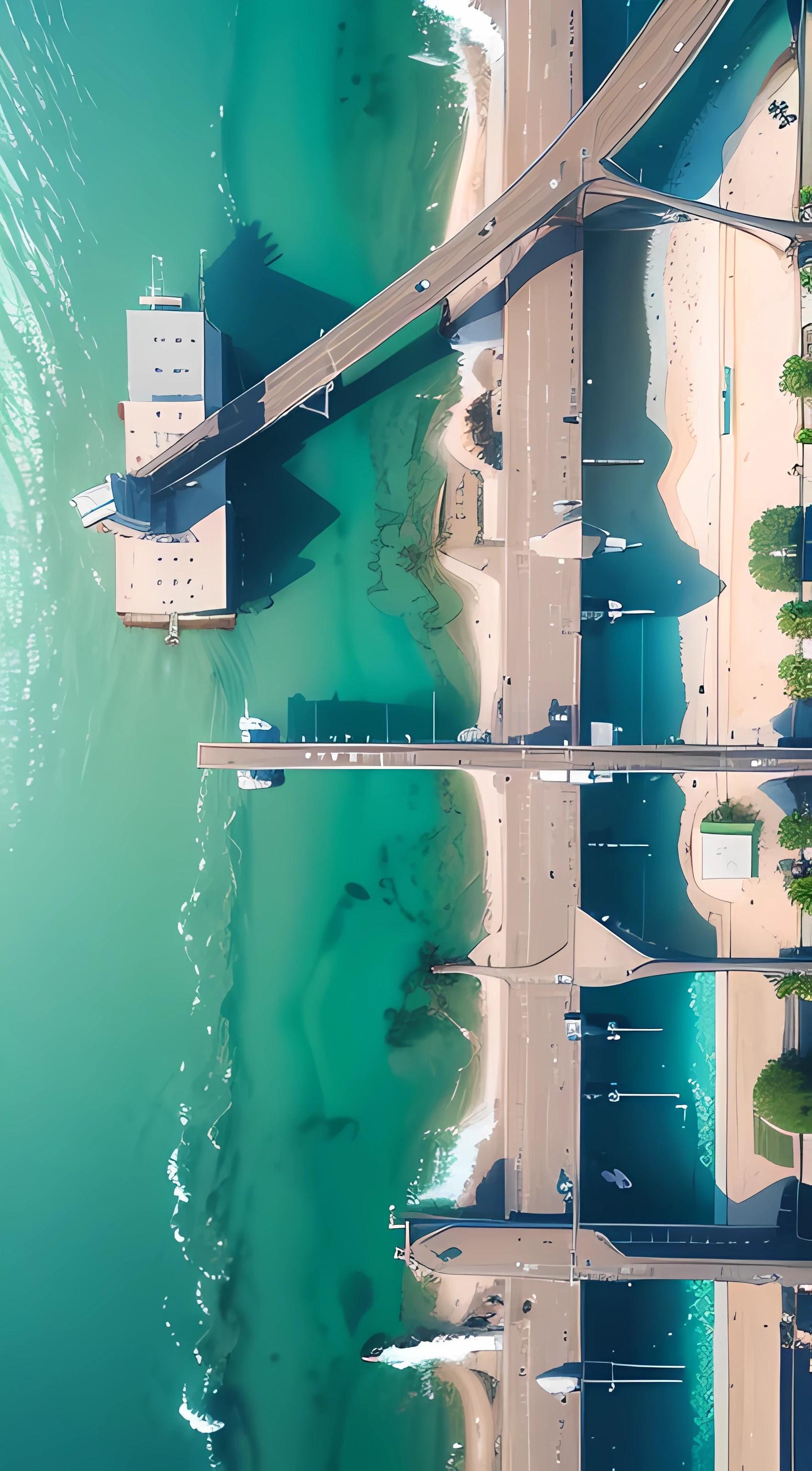 arafed view of a bridge over a body of water with boats, boats in the water, seen from above, overhead shot, shot from above, view from above on seascape, by Sebastian Spreng, shot from a drone, perspective shot from the sky, drone photography, top - down photograph, viewed from above, 4k drone photography, overhead view