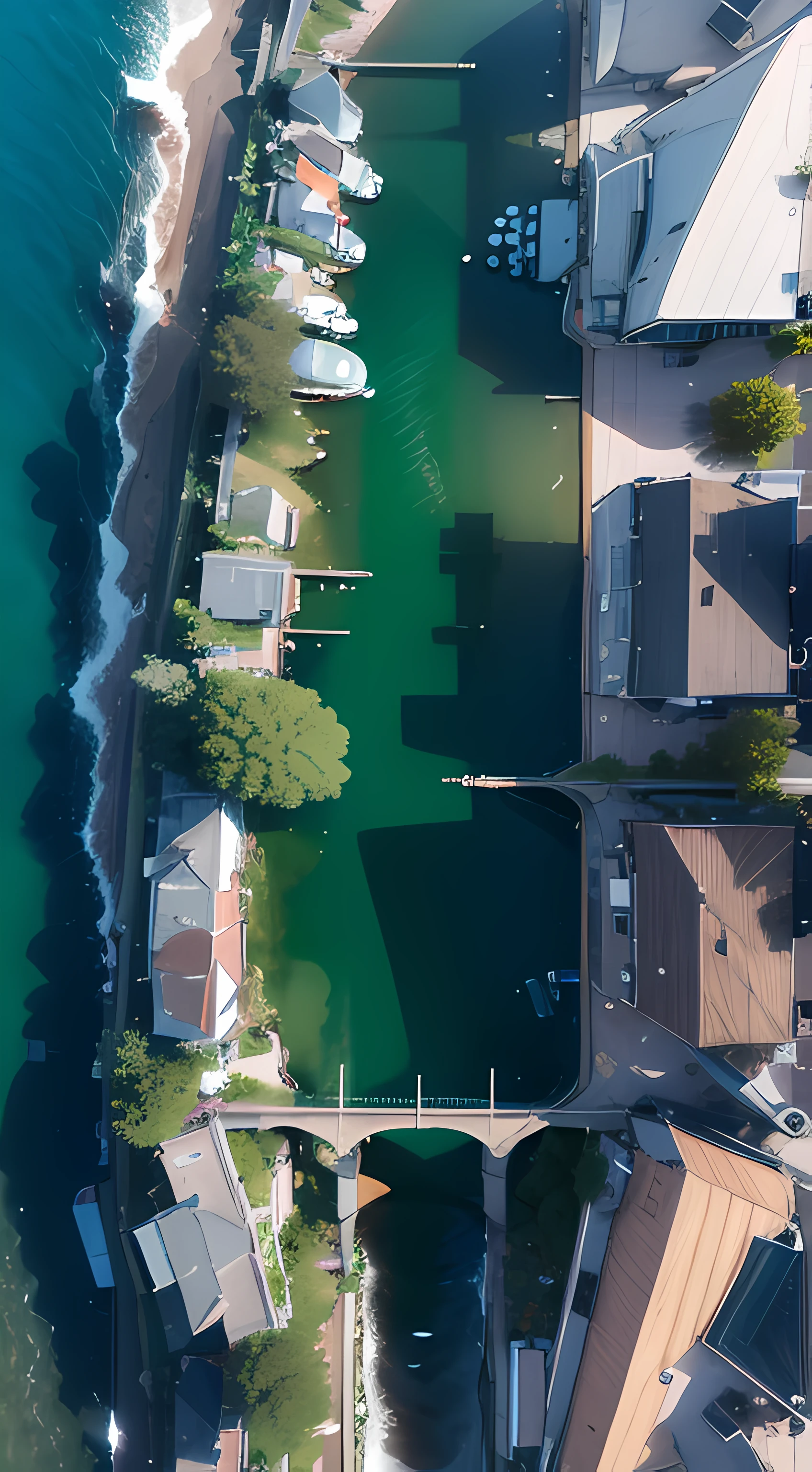 arafed view of a bridge over a body of water with boats, boats in the water, seen from above, overhead shot, shot from above, view from above on seascape, by Sebastian Spreng, shot from a drone, perspective shot from the sky, drone photography, top - down photograph, viewed from above, 4k drone photography, overhead view