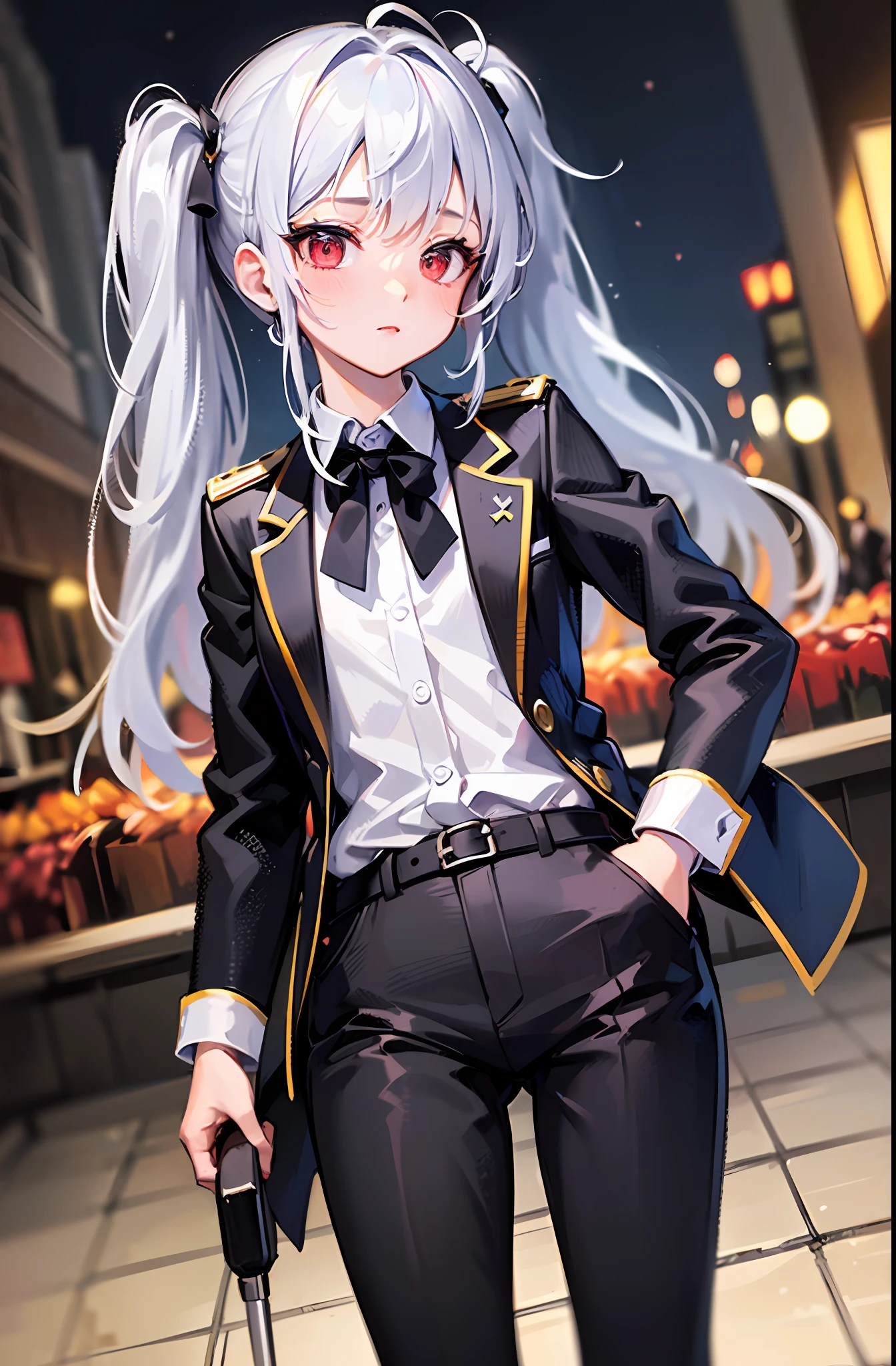 ((masterpiece)), (((best quality))), ((ultra-detailed)), ((illustration)), ((disheveled hair)),((solo)),((pov)),1girl, solo,li,small chest,red eyes,silver hair,long twintails hair,Tuxedo uniform, black trousers,bar,full body,(depth of field), Pose put hands into your trouser pockets, night vibes,city lamp,side view,