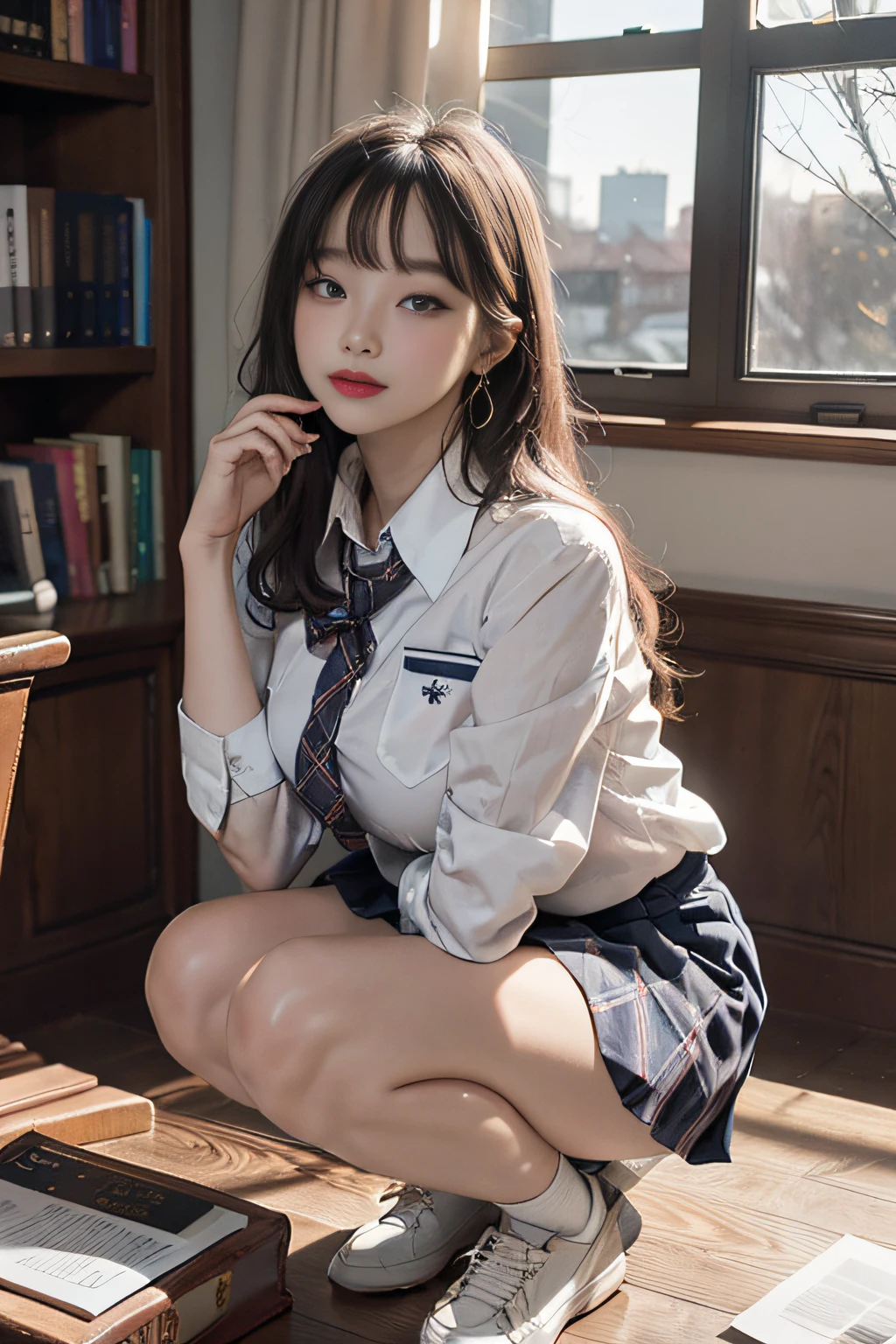 Best image quality, RAW photo, super high resolution, taken from the side, gentle smile, 16 years old Korean, very big breasts, tie, ribbon, school uniform, collared shirt, school uniform shirt, plaid skirt, fair skin, shiny white skin, short bob, bright silver hair, bright gray hair, neatly aligned bangs, beautiful eyes, beautiful eyes of random colors, very thin lips, beautiful eyes with details, Elongated eyes, pale pink blush, long eyelashes, beautiful double eyelids, eyeshadow, earrings, night school, dimly lit library at night, library desk, squatting on desk, squatting