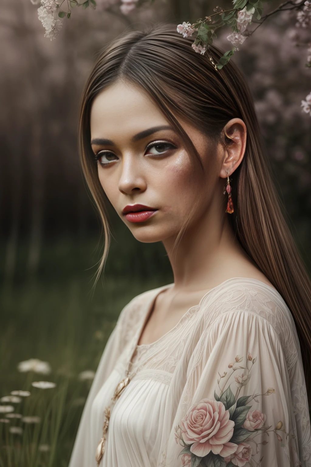 Close Closeup of a beautifully pensive professional colour drawing in a delicately blended Style of Amy Brown art Daria Petrilli and Andrea Kowch, utilising watercolor, inks, colored pencils, whimsical, a Woman walking in Nature, animal deer connections, soft muted shades, minimalist shapes, surreal trees and flowers, pointed ears, Photographed by David bailey using Hasselblad’s flagship mirrorless medium format camera X2D 100C. 1000mps ,bold vibrant colours
