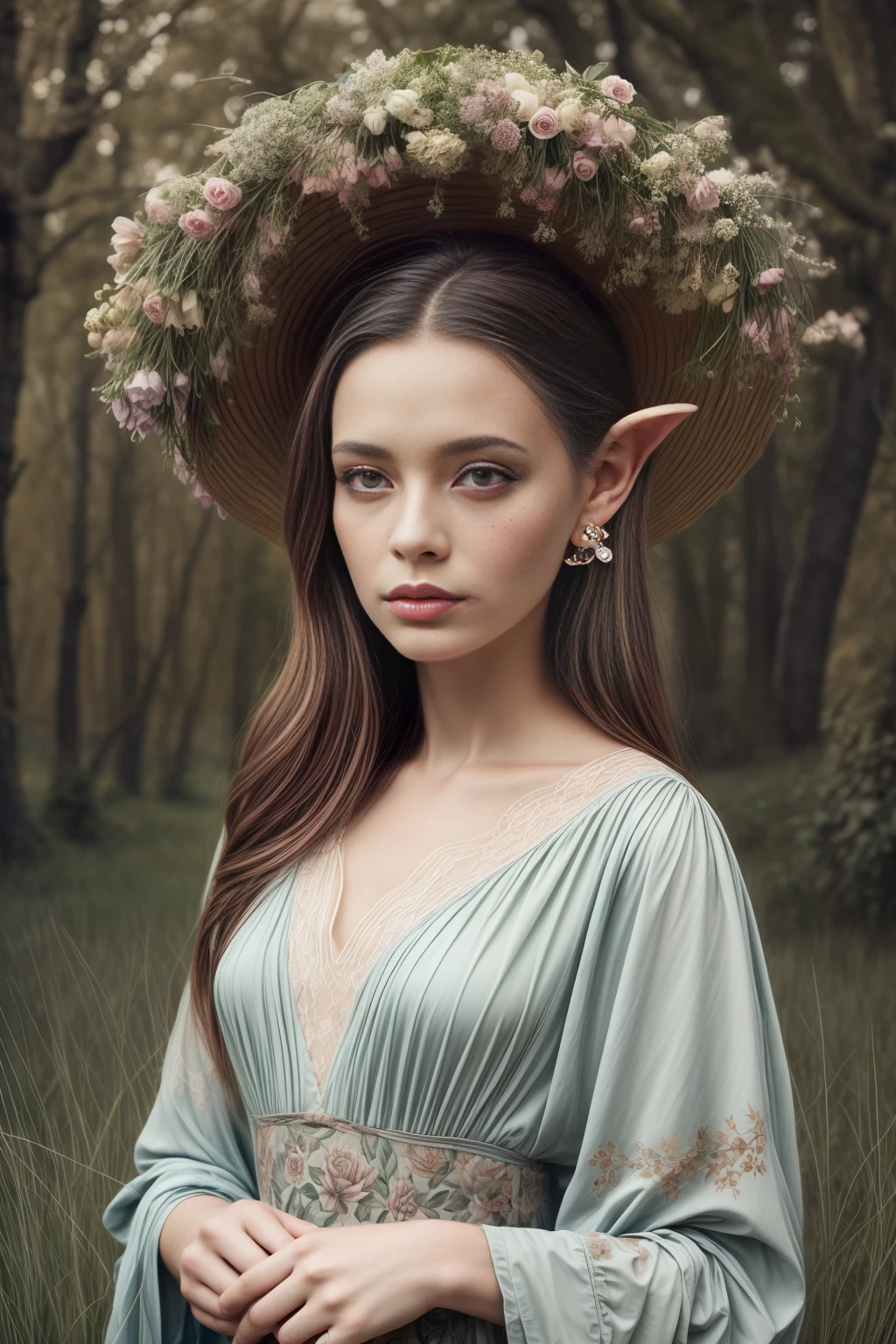 Close Closeup of a beautifully pensive professional colour drawing in a delicately blended Style of Amy Brown art Daria Petrilli and Andrea Kowch, utilising watercolor, inks, colored pencils, whimsical, a Woman walking in Nature, animal deer connections, soft muted shades, minimalist shapes, surreal trees and flowers, pointed ears, Photographed by David bailey using Hasselblad’s flagship mirrorless medium format camera X2D 100C. 1000mps ,bold vibrant colours