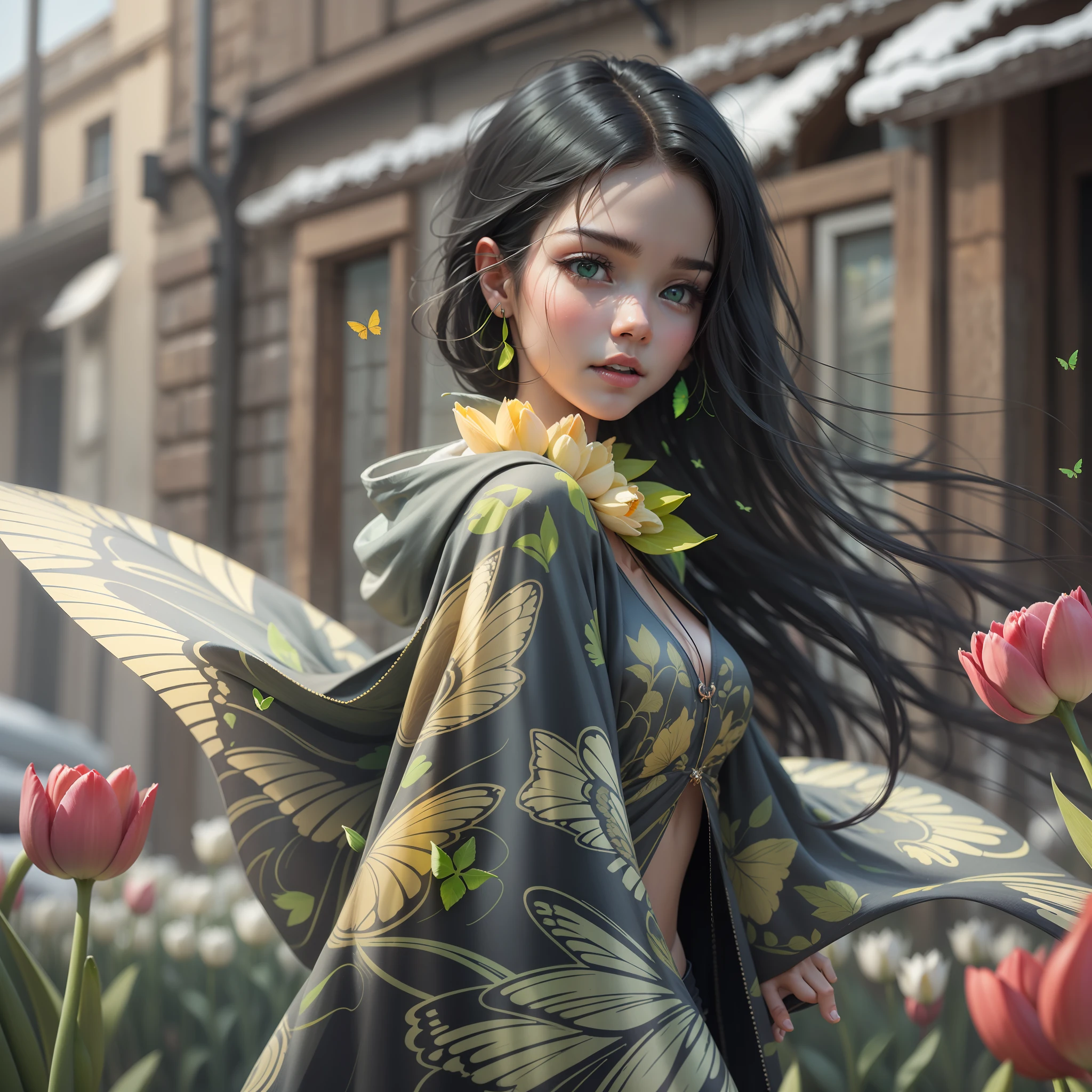 A girl walking on the snow, her black hair flying in the wind, her bright green eyes staring at red tulips with shimmering butterflies around her