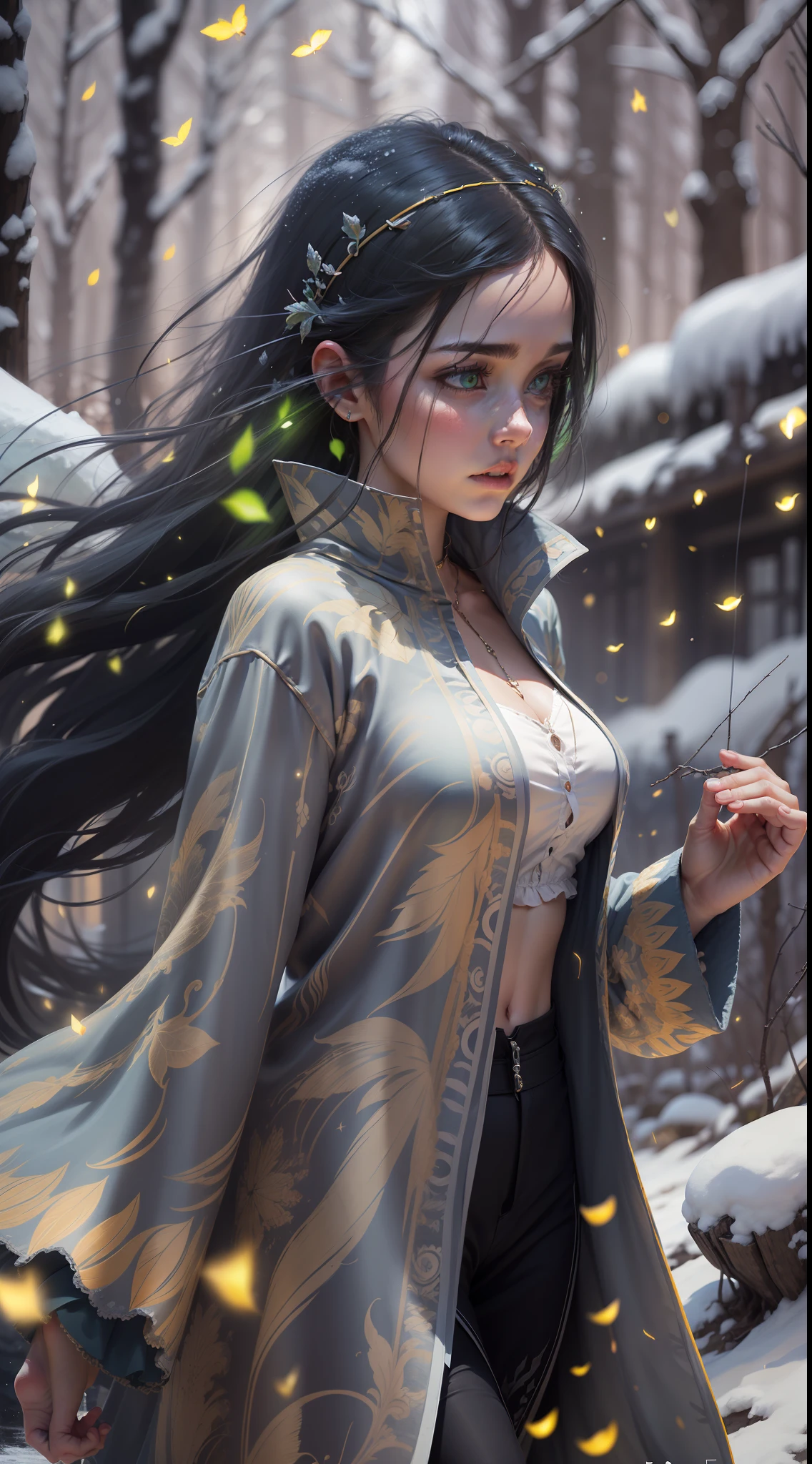 a girl walking on the snow, her black hair flying in the wind, her eyes bright green as she walks across the frozen lake, light flickering Fireflies around. Professional photography. Final accurate images. Unique landscape. Digital art