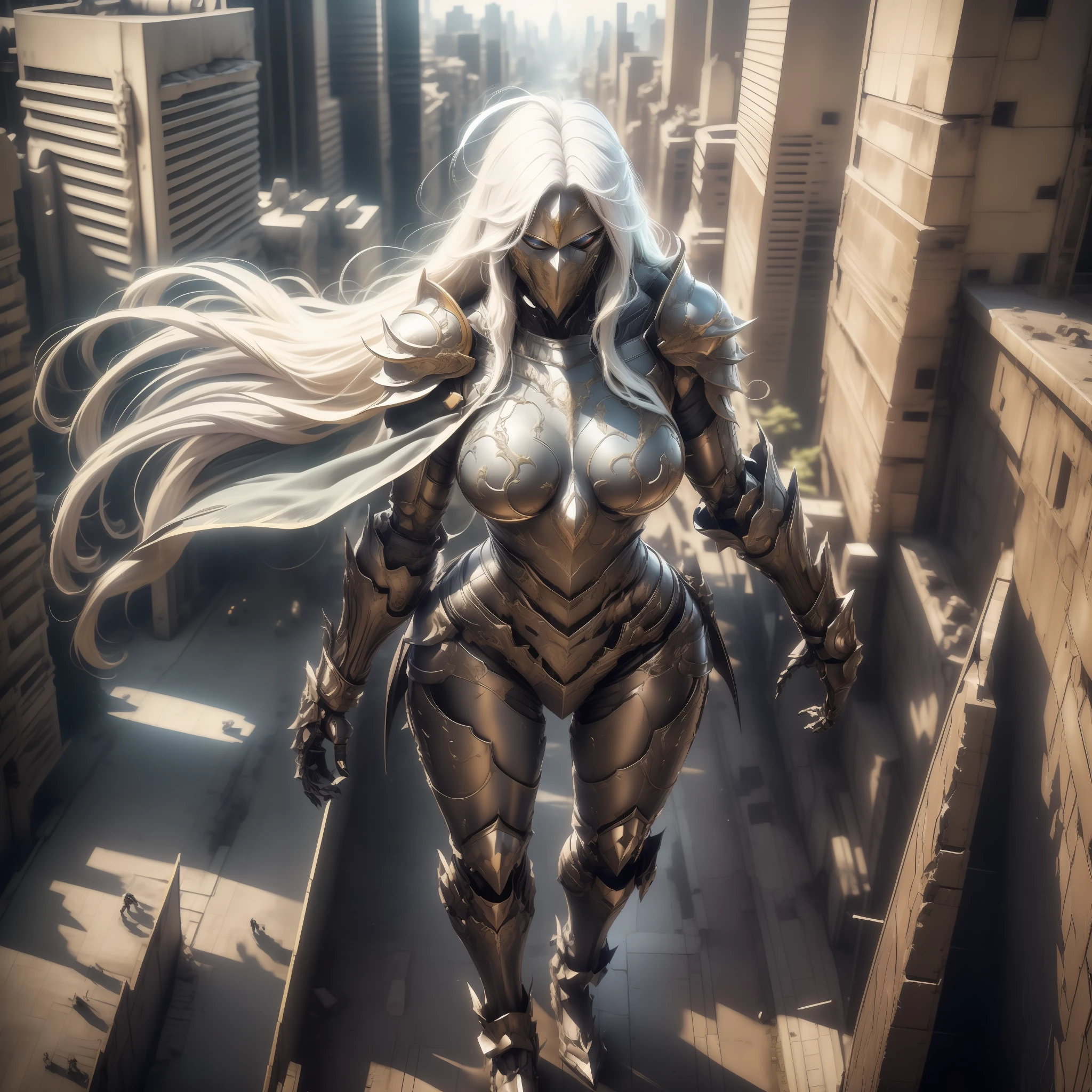 (Masterpiece, Superb Quality, Super Delicate, High Resolution), Male Focus, ((Armor Dress))), (Cape), (((Mechanized))), (Body Details), (She Has Long White Hair, Big Breasts, Slim), (Standing Pose), Pose for Photo, Top View, City Ruins, Background Details, (((Full Body)), From Above, Solo, (Sense of Greatness)