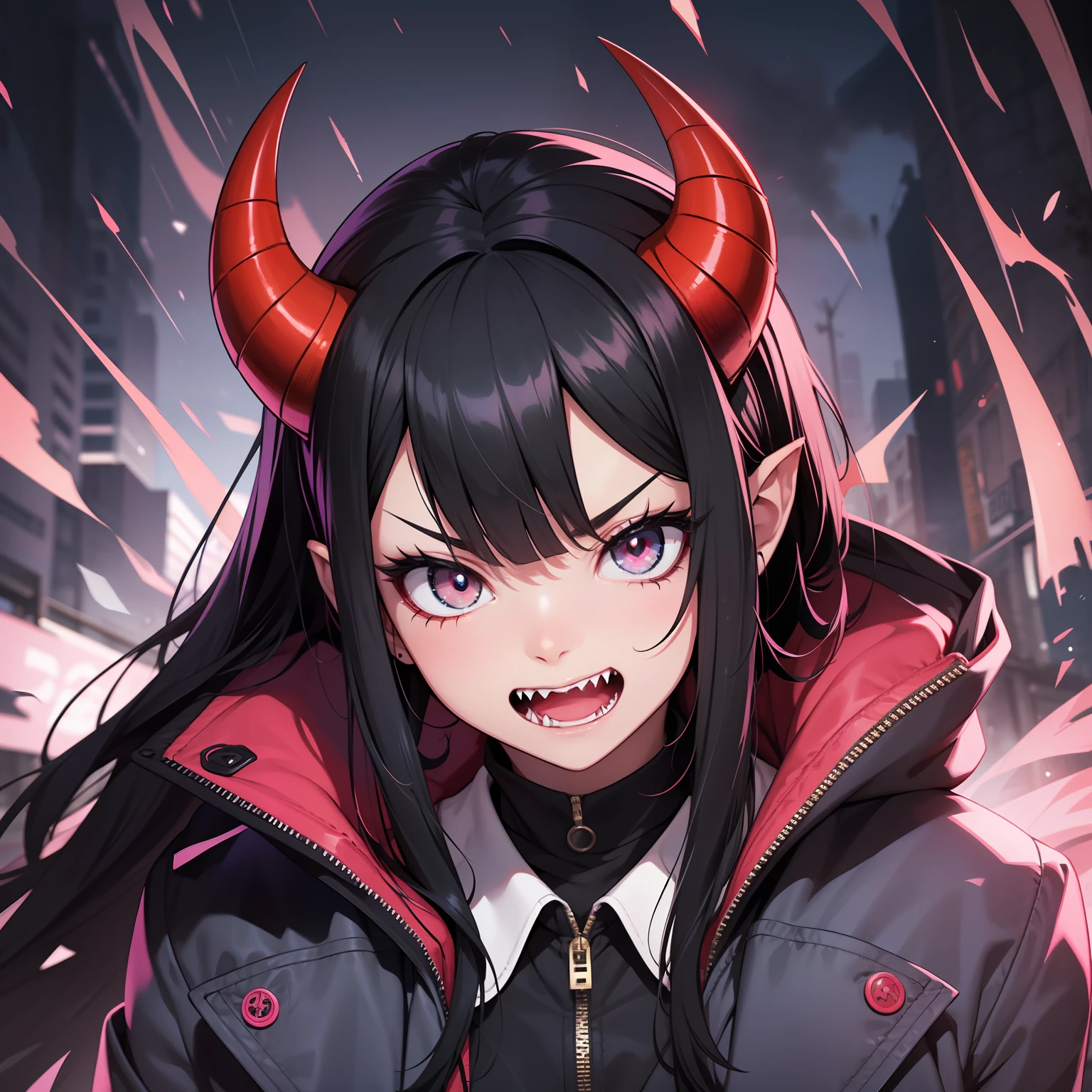 Oni girl, girl, oni japonés, horns on the forehead, horns sticking out of the forehead, black hair, sharp teeth, big fangs, fangs, light eyes, colored eyes, blue and pink eyes, menacing look. coat, big coat, stylish coat.