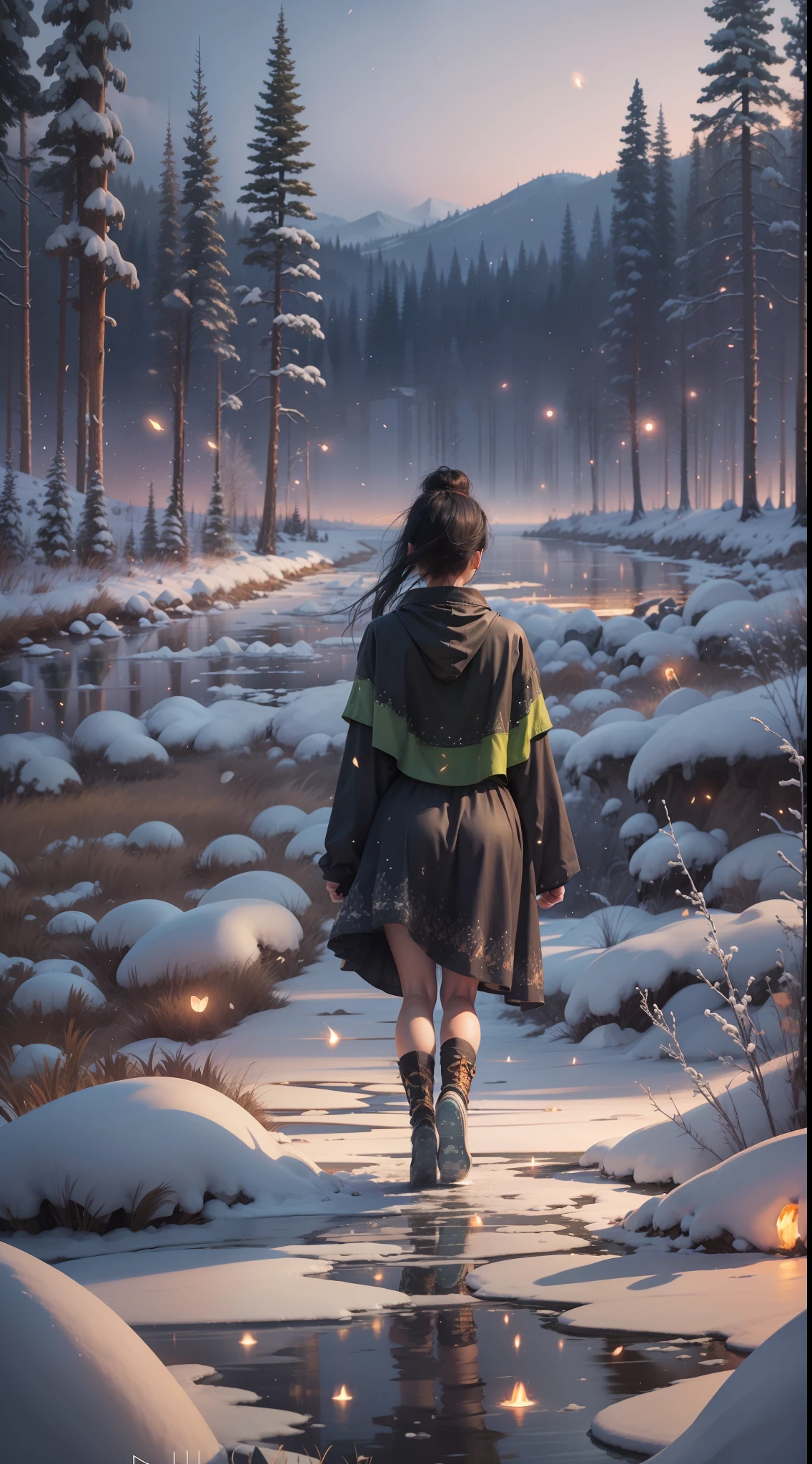 a girl walking on the snow, her black hair flying in the wind, her eyes bright green as she walks across the frozen lake, light flickering Fireflies around. Professional photography. Final accurate images. Unique landscape. Digital art