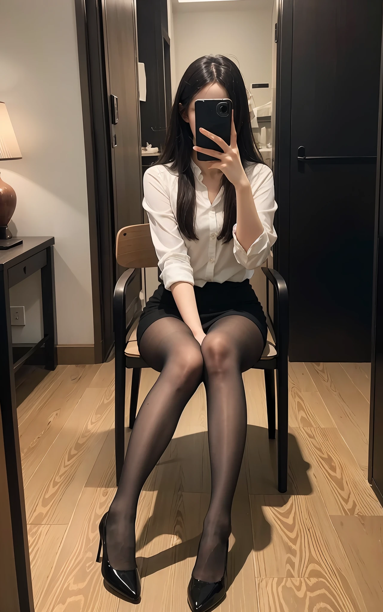 (RAW photo, best quality), (Photorealistic, photorealistic: 1.4),
Masterpiece, extremely delicate beauty, amazing, fine details, extremely detailed CG Unity 8k wallpaper, super detailed, high resolution, absurd, soft light, edge light, vibrant details,
((Perfect Hand: 1.2)),
Take a selfie with a mobile phone in one hand and cover your face,
1 girl, full body,
[kneeling position|chair|sitting|butterfly sitting],
[stockings|pantyhose],
iphone, selfie, pose, little hands,
p_m_s，