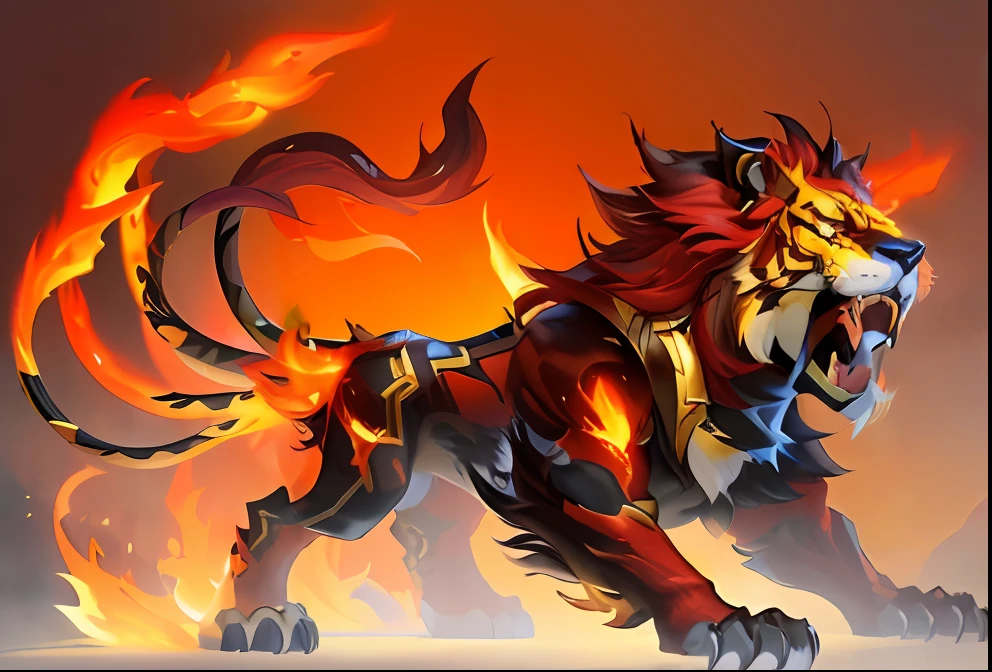 a close up of a red and yellow lion with a yellow mane, fire lion, 2 d full body lion, zhongli from genshin impact, ne zha from smite, bian lian, sun wukong, tiger_beast, manticore, gilgamesh, lord of beasts, fire and flames mane, keqing from genshin impact --auto