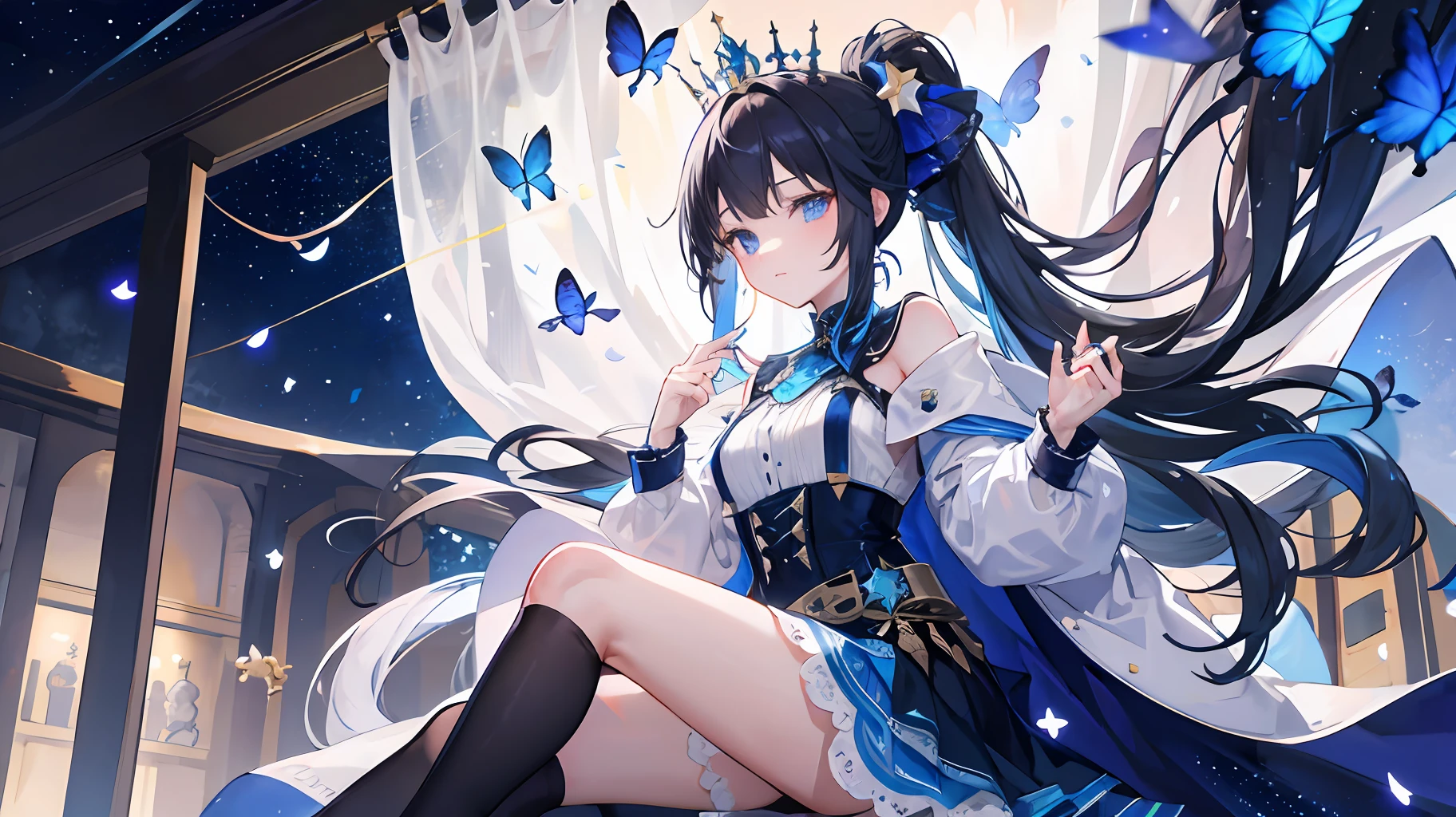 ((4K, masterpiece, best quality)), high resolution, a woman with a sisterly feel but a little mature, long sky blue hair, long hair up to the waist, loose hair, shawl black hair, inner layer dyed sky blue, blue eyes, single, sitting on a star, full of stars, left hand slightly raised, ring on the left ring finger, dark blue oversized princess dress, wearing a white researcher-style coat, stars hidden under the skirt, dark blue butterflies flying around, theater background, star curtain, wearing a dark blue veil with stars, suspender stockings