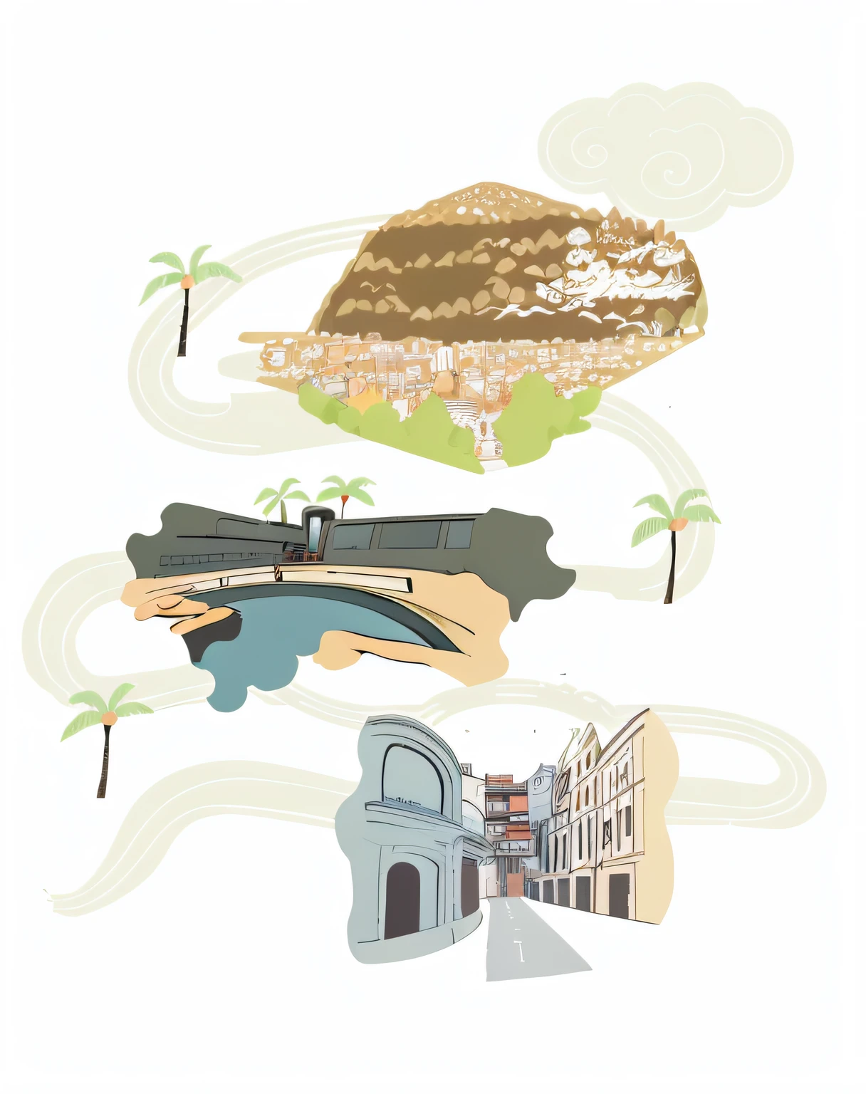 there are three illustrations of a city with a boat and a train, miami. illustration, illustration”, poster illustration, by Siona Shimshi, vignette illustration, editorial illustration, portfolio illustration, landscape illustration, spot illustration, blurry and dreamy illustration, inspired by Masamitsu Ōta, illustrated poster, by Justin Sweet, colored illustration, architectural illustration, illustrations