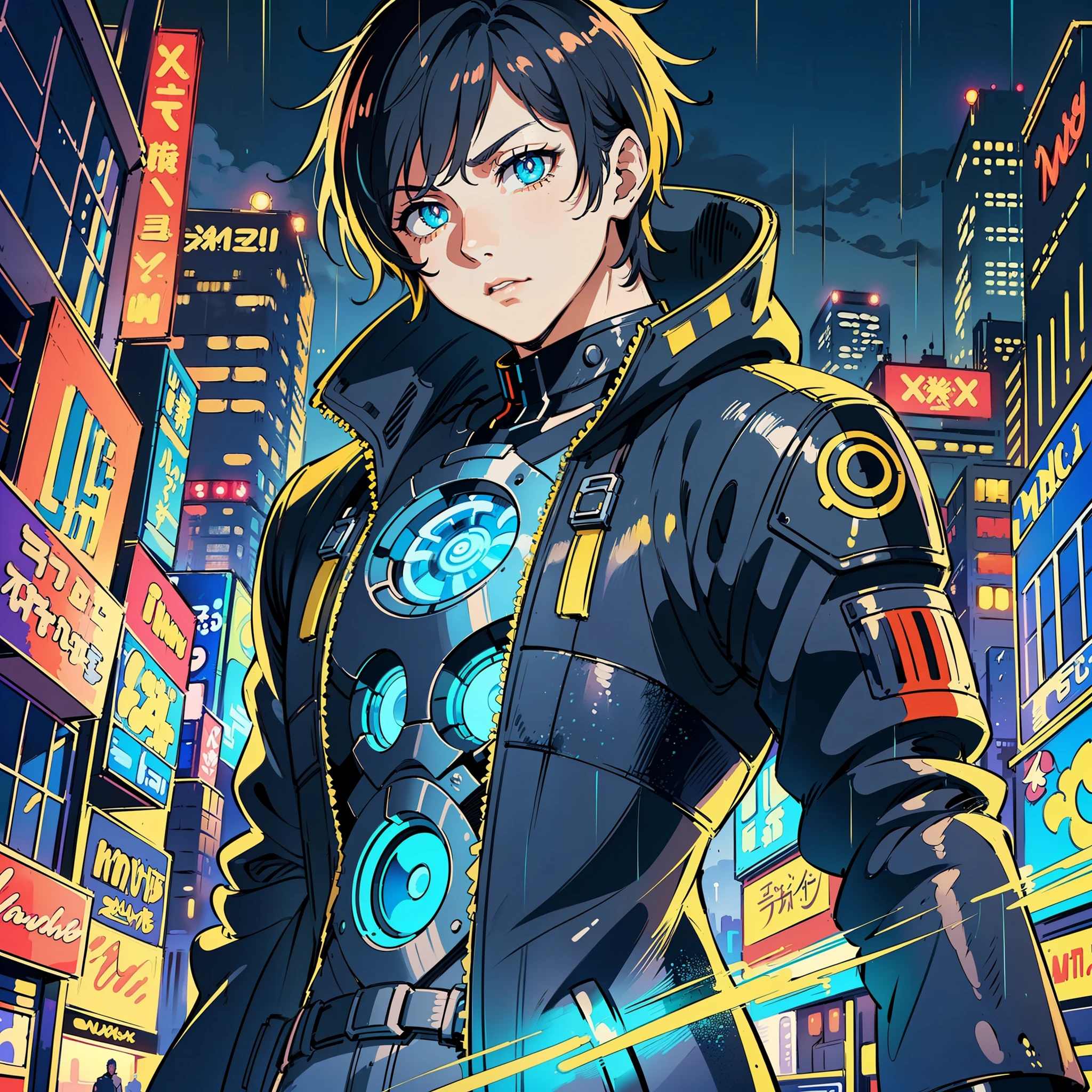 (highest quality:1.3), (masterpiece), (best anime illustrator:1.2), (best cinematic lighting from studio Paramount and Wit:1.4), (a boy, (male face), (glowing eyes cat pupils:1.1), (wearing futuristic cyberpunk clothes:1.3), (extremely detailed eyes illustrated and painted:1.5), city backdrop at night on a rainy night --s2