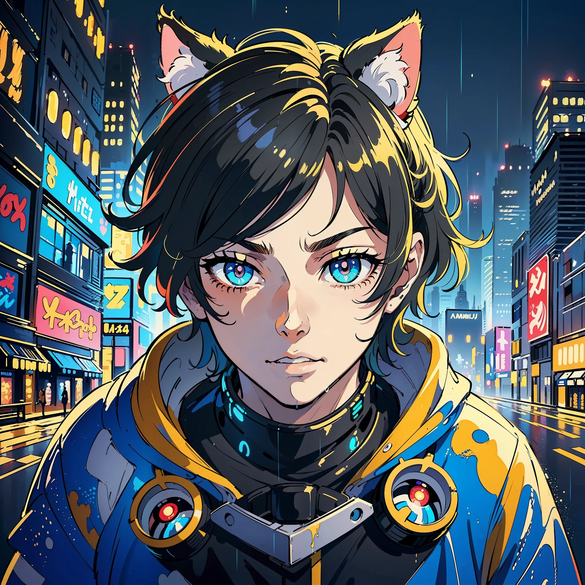 (highest quality:1.3), (masterpiece), (best anime illustrator:1.2), (best cinematic lighting from studio Paramount and Wit:1.4), (a boy, (male face), (glowing eyes cat pupils:1.1), (wearing futuristic cyberpunk clothes:1.3), (extremely detailed eyes illustrated and painted:1.5), city backdrop at night on a rainy night --s2