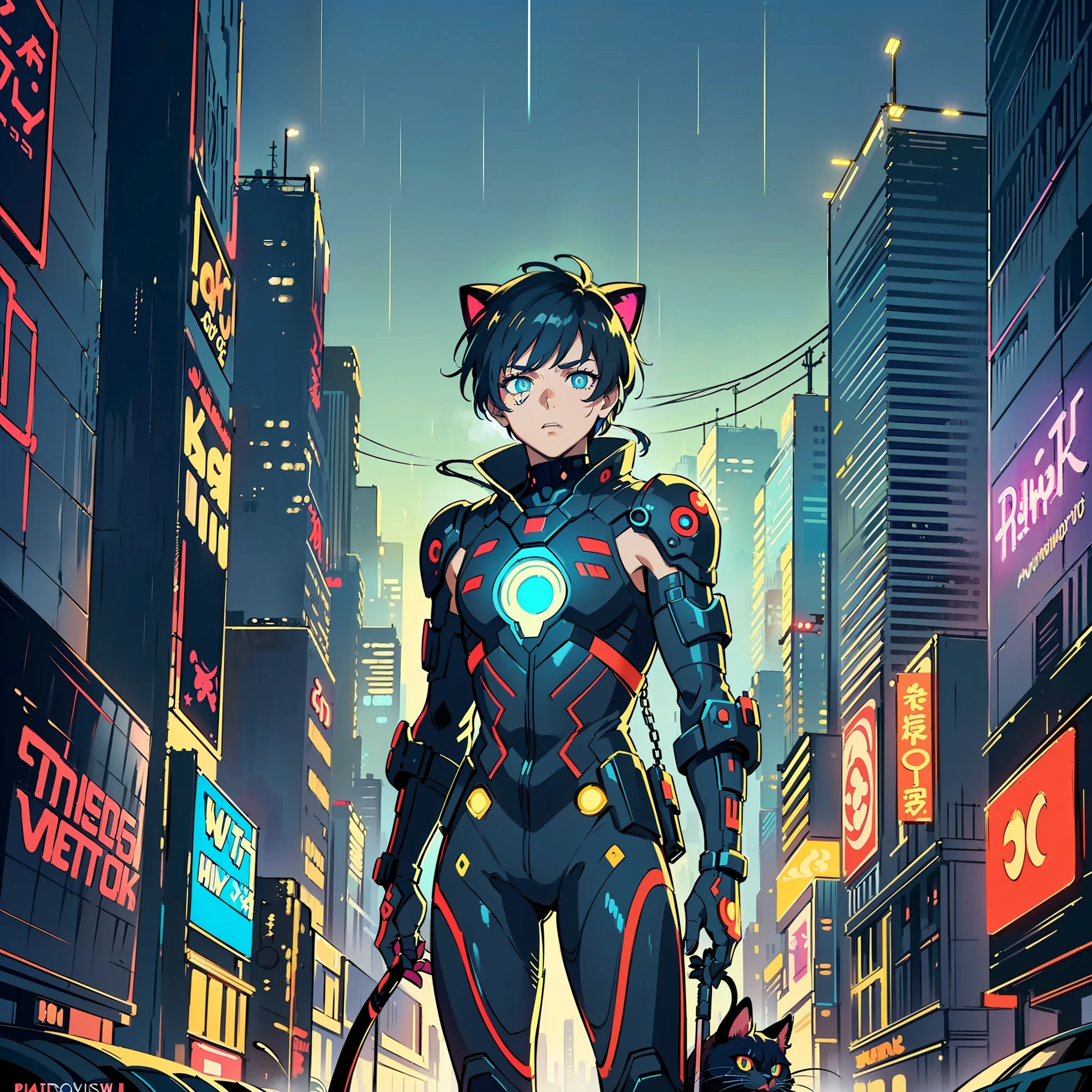 (highest quality:1.3), (masterpiece), (best anime illustrator:1.2), (best cinematic lighting from studio Paramount and Wit:1.4), (a boy, (male face), (glowing eyes cat pupils:1.1), (wearing futuristic cyberpunk clothes:1.3), (extremely detailed eyes illustrated and painted:1.5), city backdrop at night on a rainy night --s2