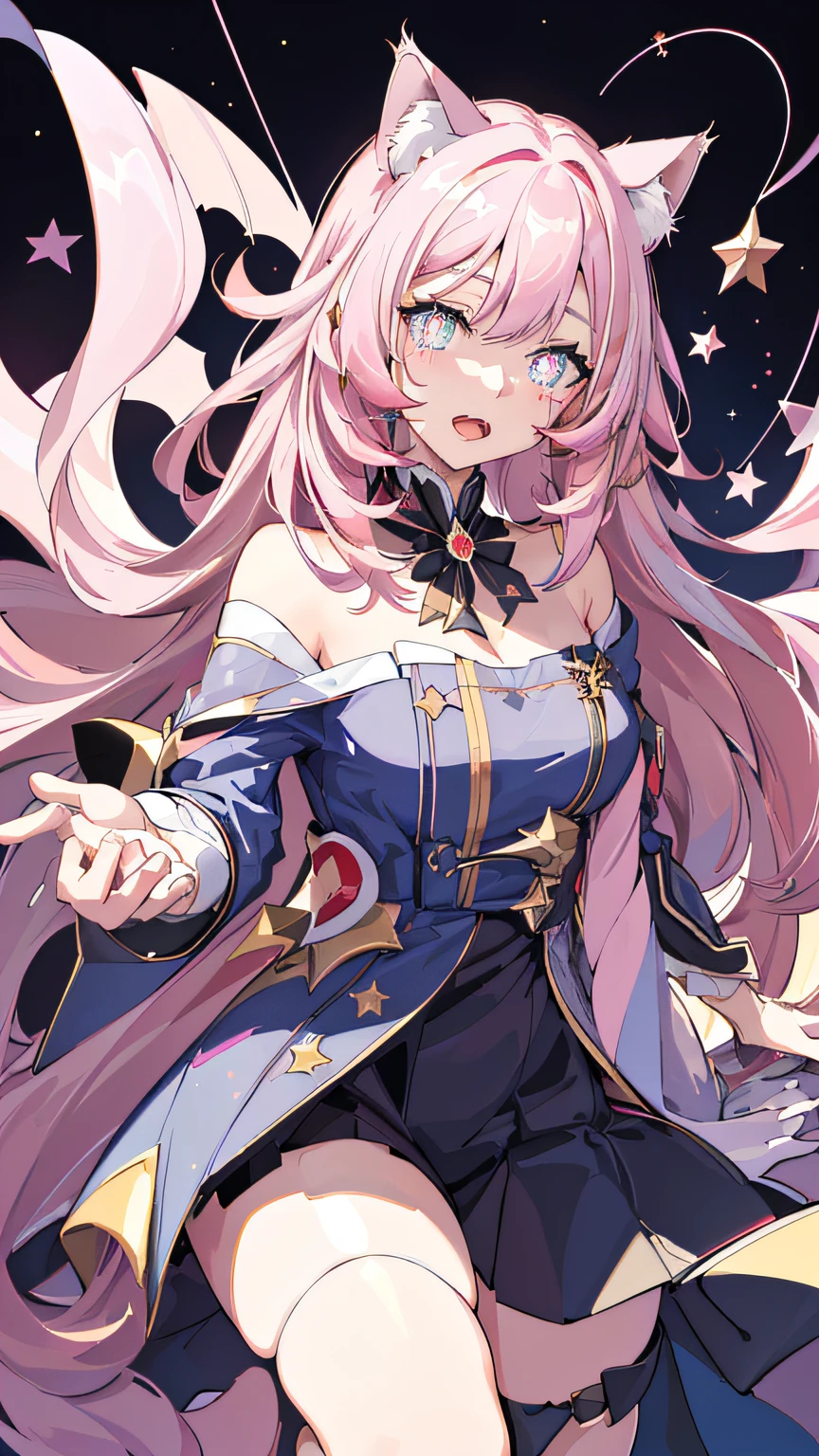 Masterpiece, best quality, super detailed, illustration, (1 girl), beautiful meticulous eyes, looking at the viewer, close-up, (breast focus), (arm behind: 1.2), pink hair, shyness, rabbit hairpin, nudity