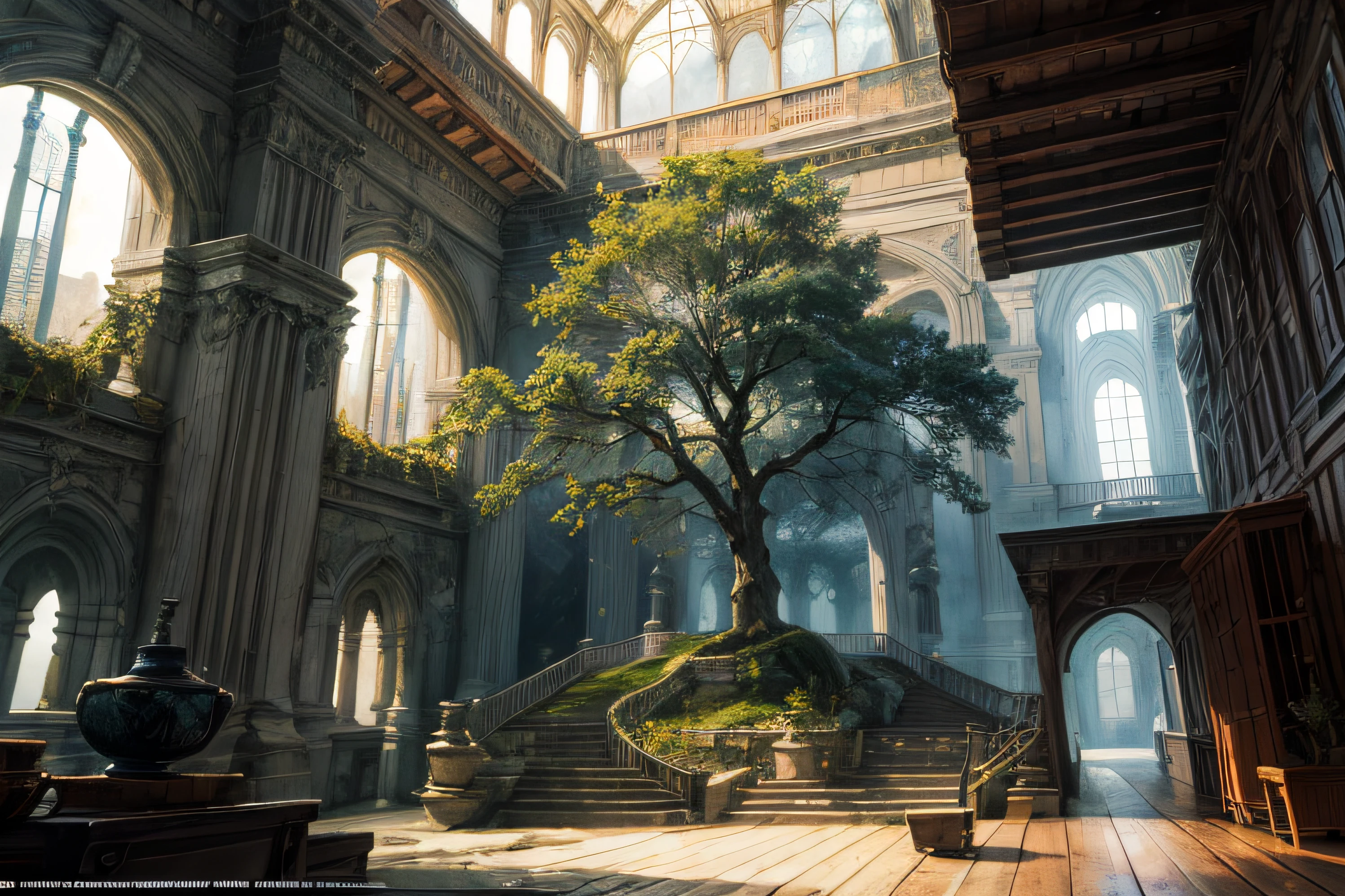 official art, unity 8k wallpaper, ultra detailed, beautiful and aesthetic, masterpiece, best quality, atmospheric, modernism oil painting, tree-top village, room light,