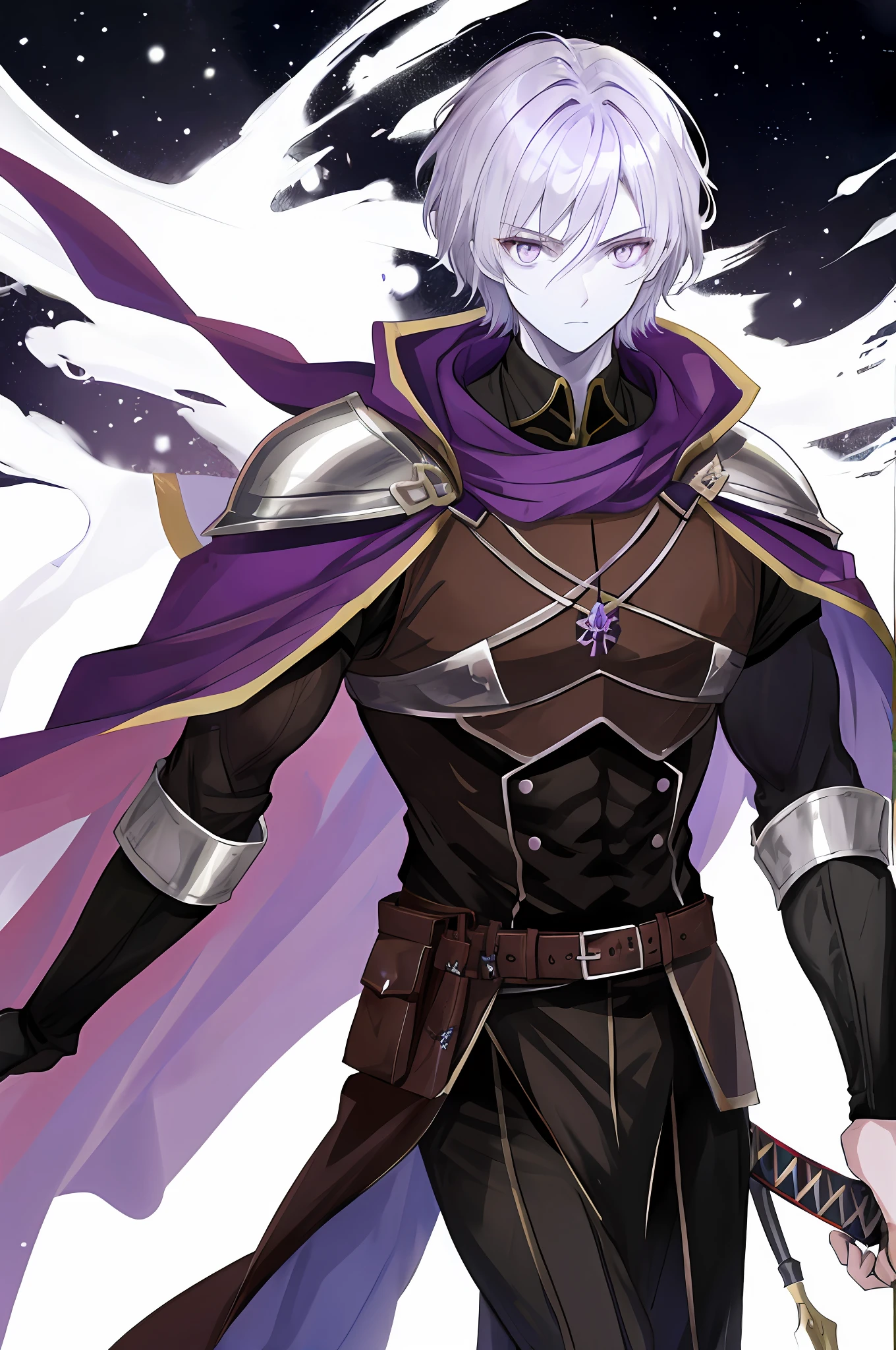 Male changeling, white skin, silver eyes, purple hair, brown clothing, short hair, medieval, swordsman, muscular, ranger, black cape