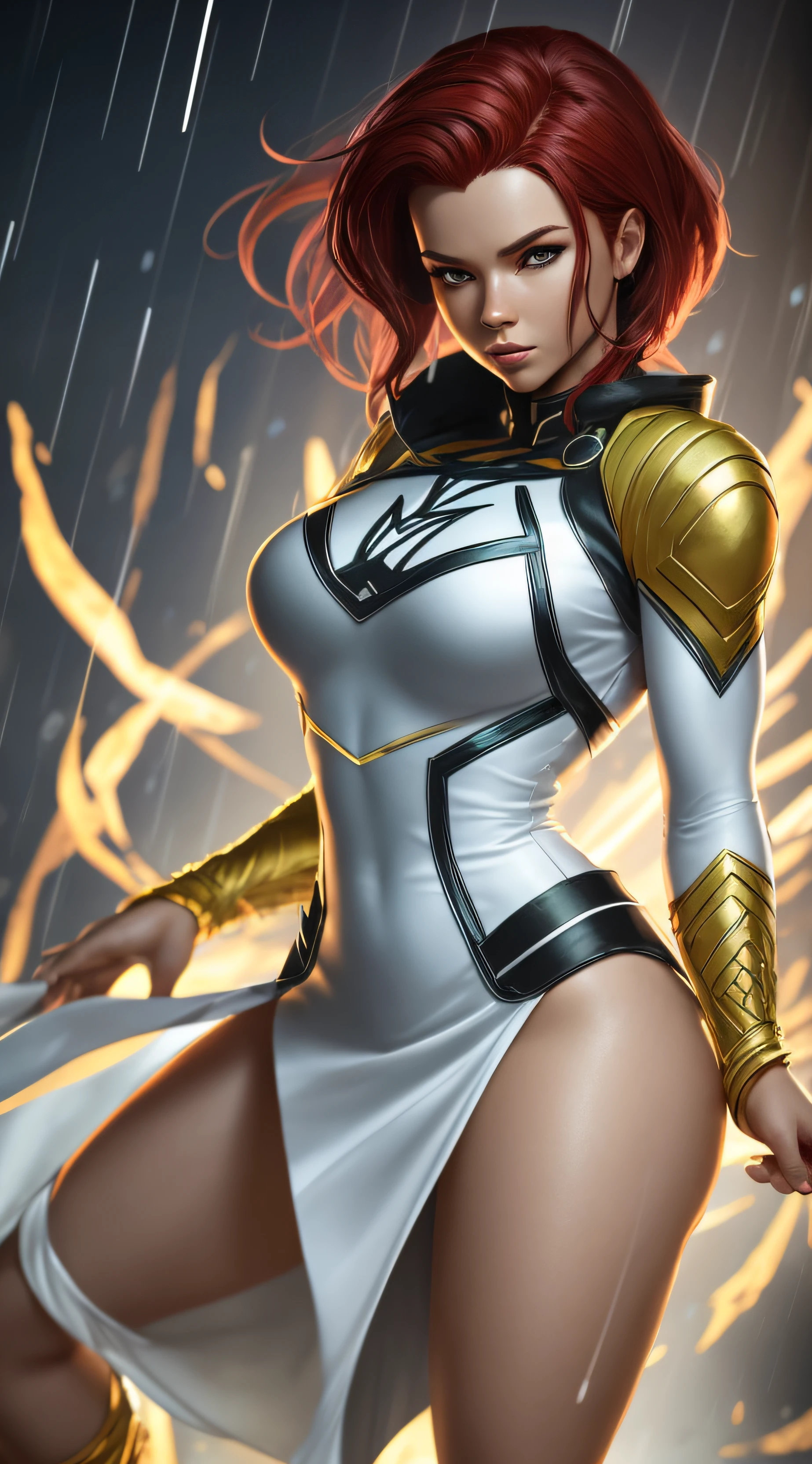 Rogue cartoon character X-Man red hair, (realistic face, ultra detailed) full body shot, five fingers on each hand, gold and white, yellow and green colored clothing, heavy rain, magical, highly detailed, artstation trend, unreal 4k engine, cinematic wallpaper, X-Man movie background, 4K, porcelain skin, detailed, 8K, dynamic lighting,  white chromatic freak, drenchedcammy, cutesexyrobutts, white silk dress, [ 4K Digital Art ] ! , posing for an intricate fight, [ 4K digital art, , giant art, in fighter poses, SFW version, rendered in SFM, X-Man cartoon character