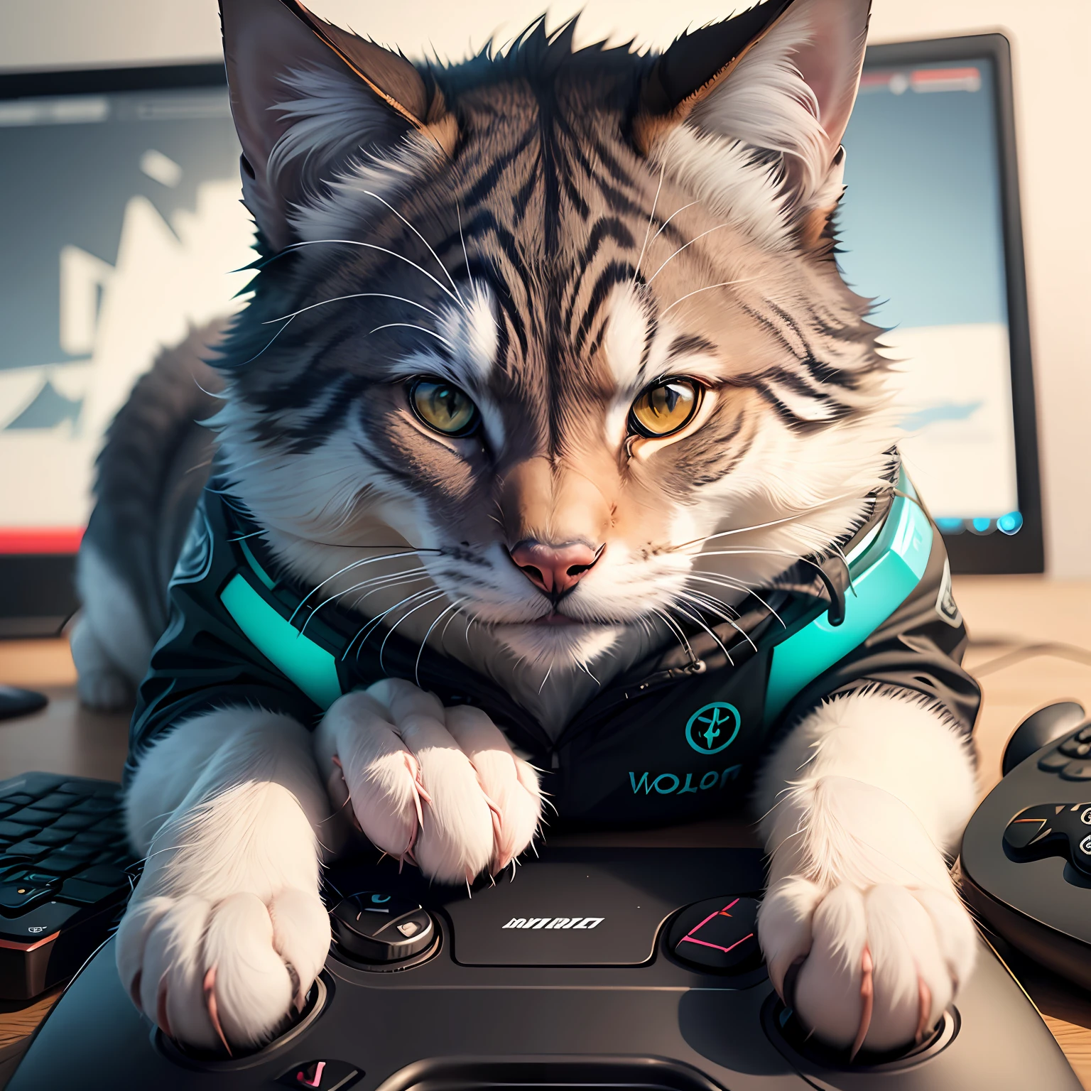 (logo) gamer , with a cat with a lot of fur , wolf style , blue green , gamer style logo --auto
