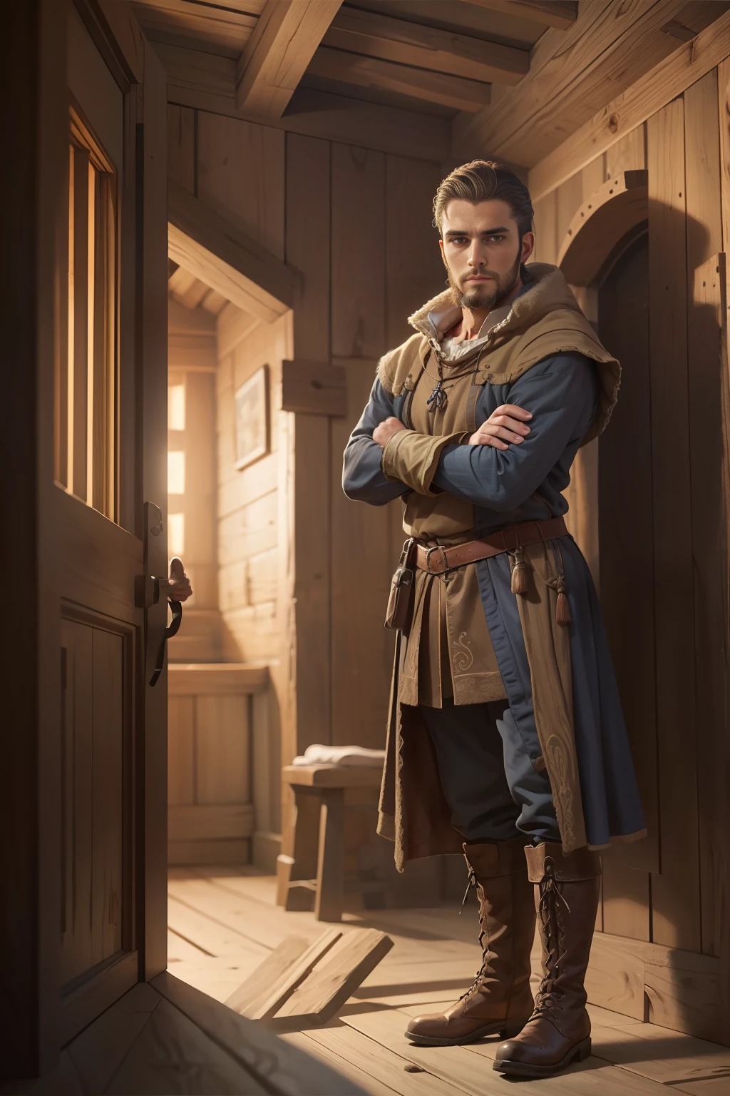 Masterpiece, highly detailed, ultra-realistic, detailed background,
beautiful face, beautiful eyes, medieval style,
(dark wooden inn room),
(Handsome man standing leaning against the wall with arms crossed), (full body), (boots)